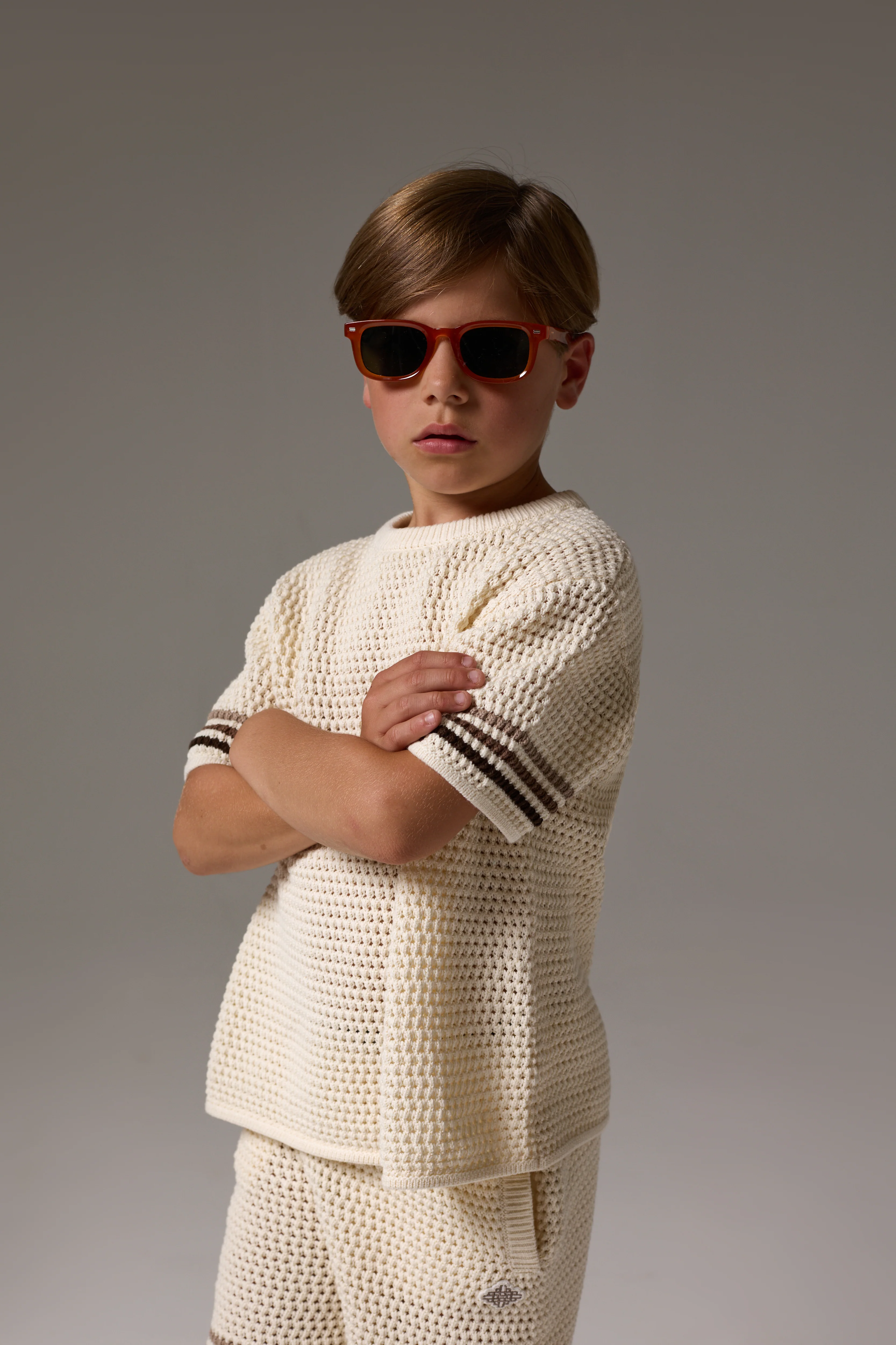 JUNIOR STRIPE CROCHET KNIT T-SHIRT - OFF WHITE