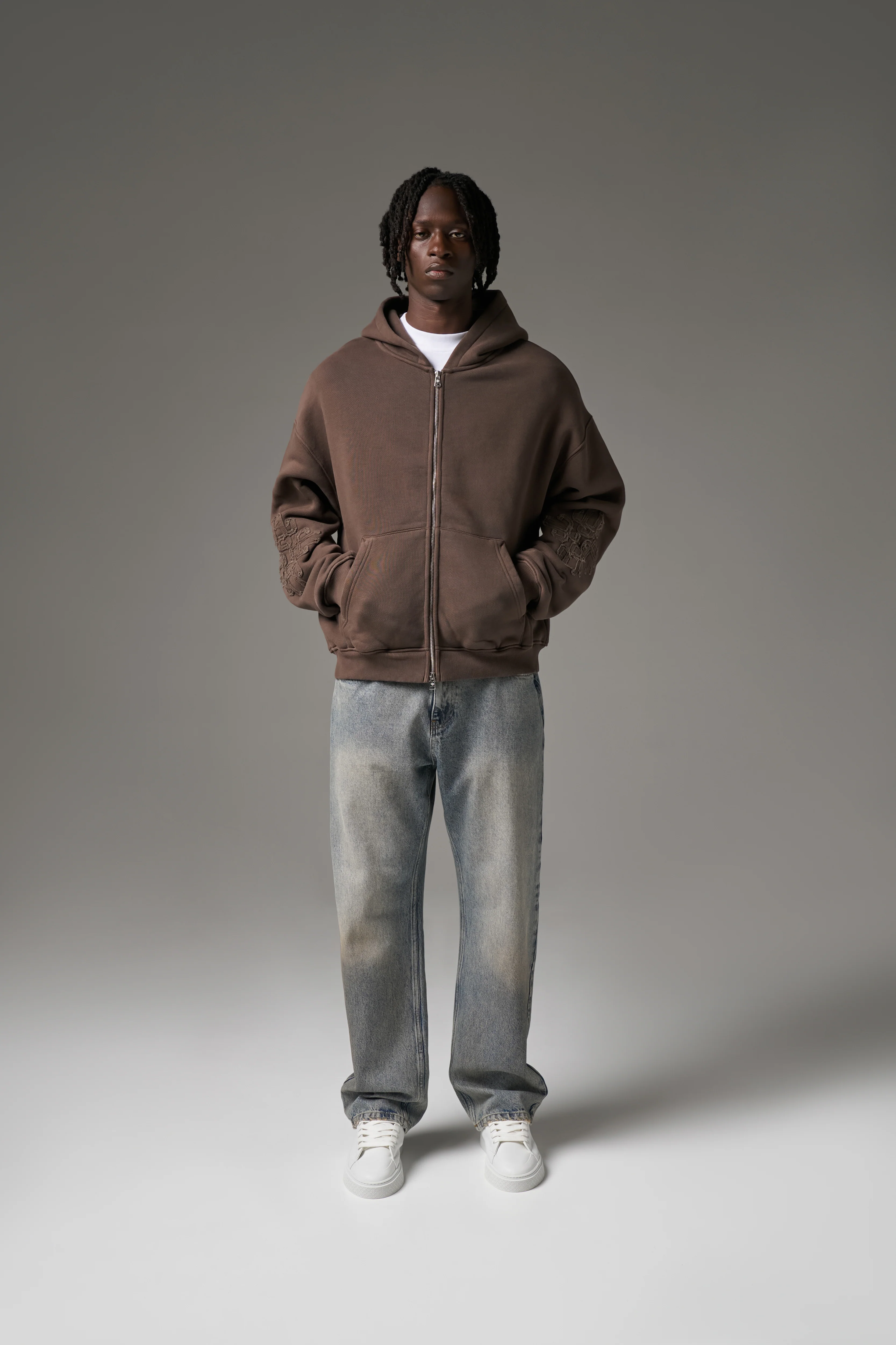 EMBLEM APPLIQUE ZIP THROUGH HOODIE - BROWN