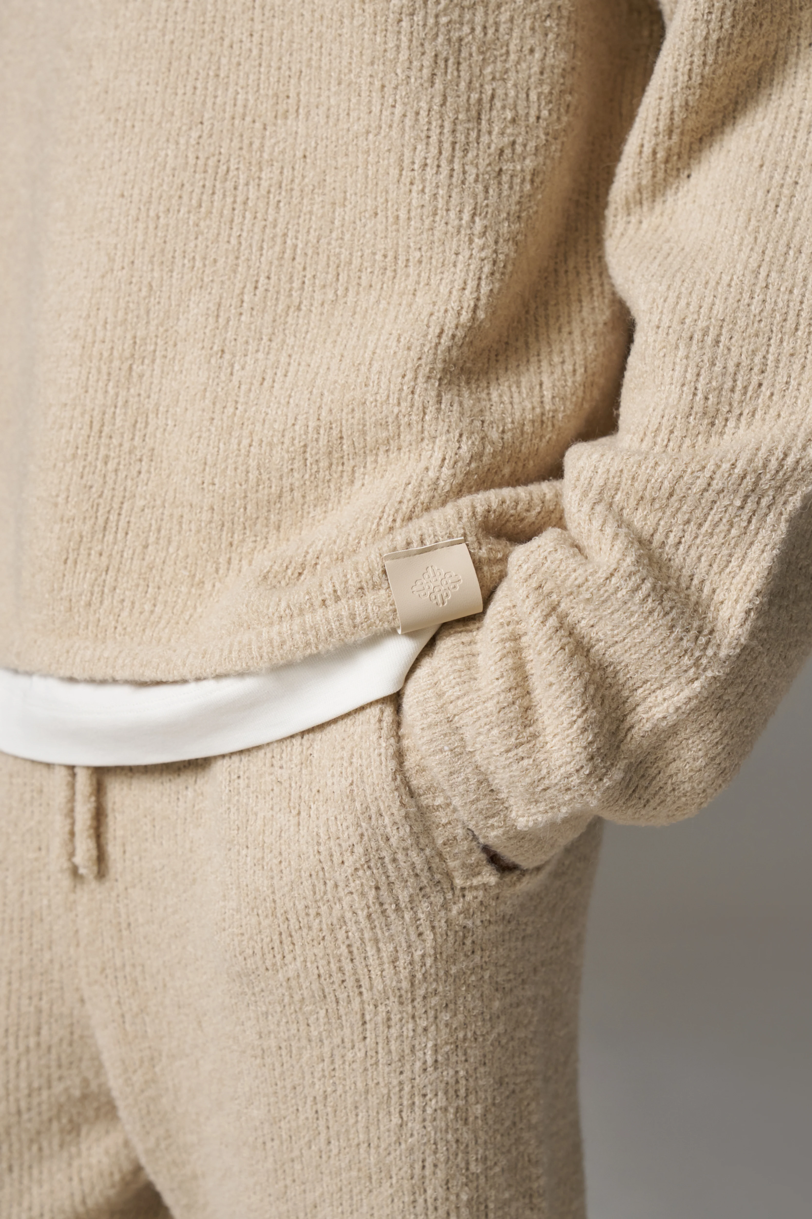 BOUCLE KNIT LONG SLEEVE POLO - STONE