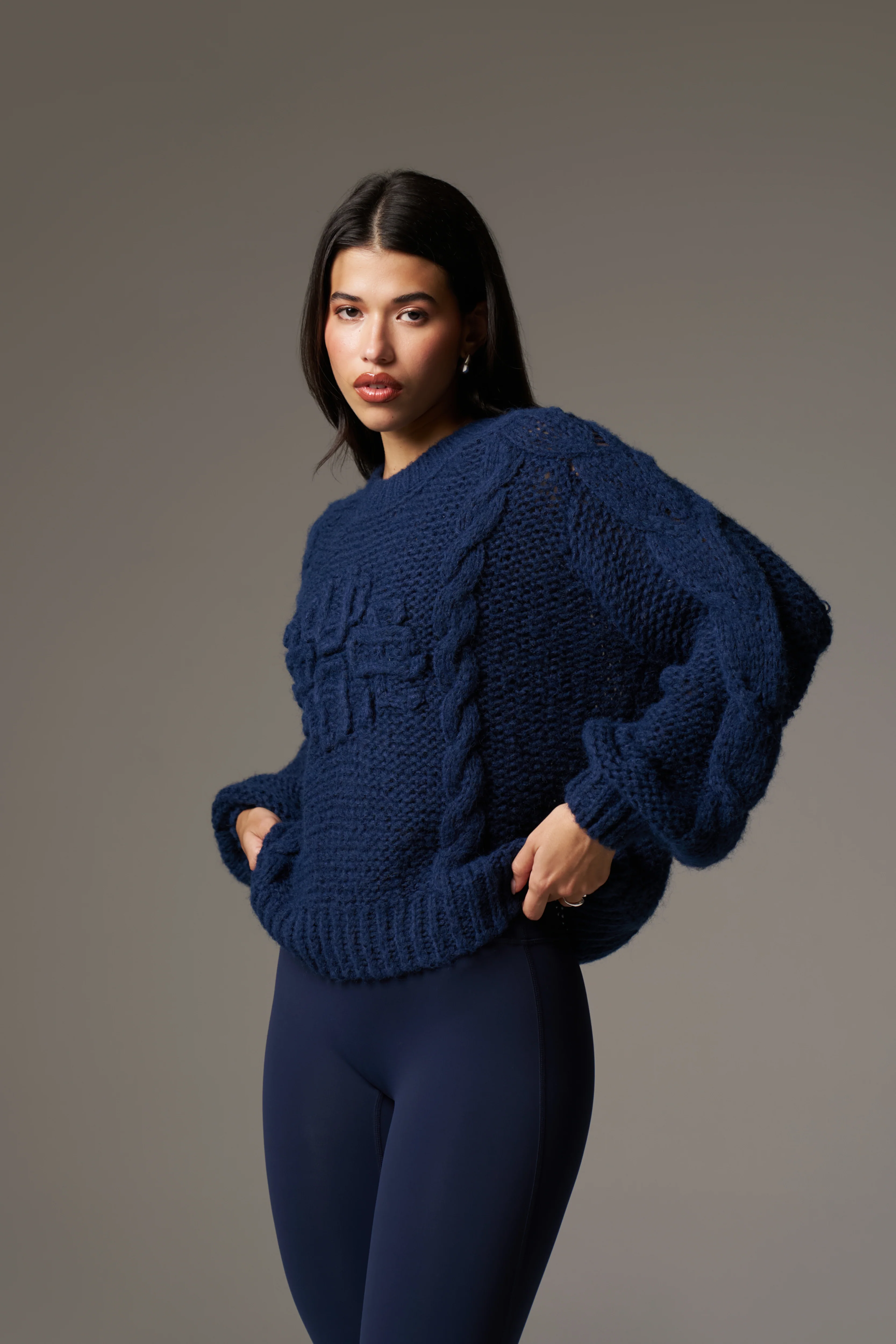 EMBLEM PLAITED OVERSIZED KNIT JUMPER - NAVY