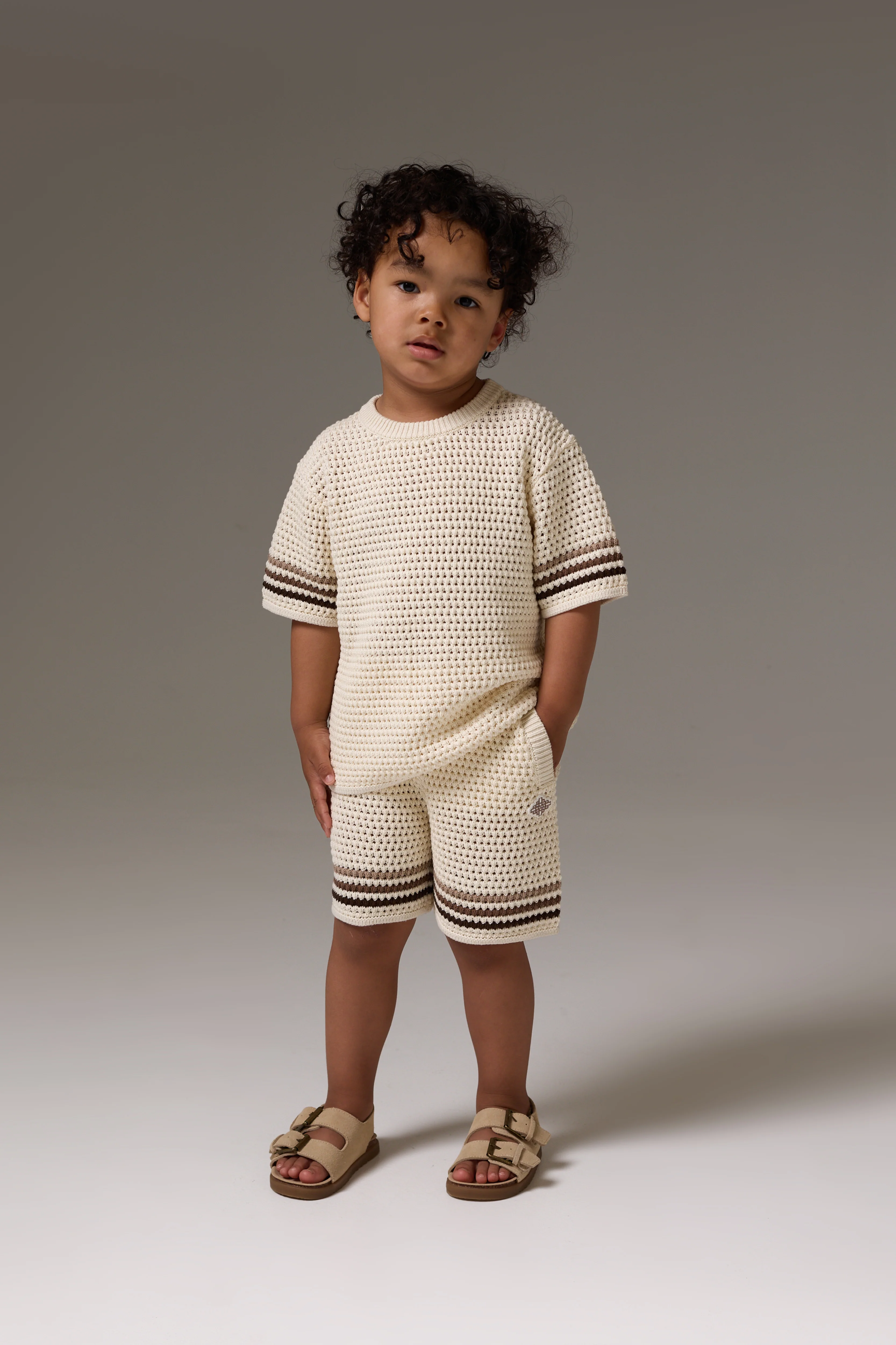 KIDS STRIPE CROCHET KNIT T-SHIRT - OFF WHITE