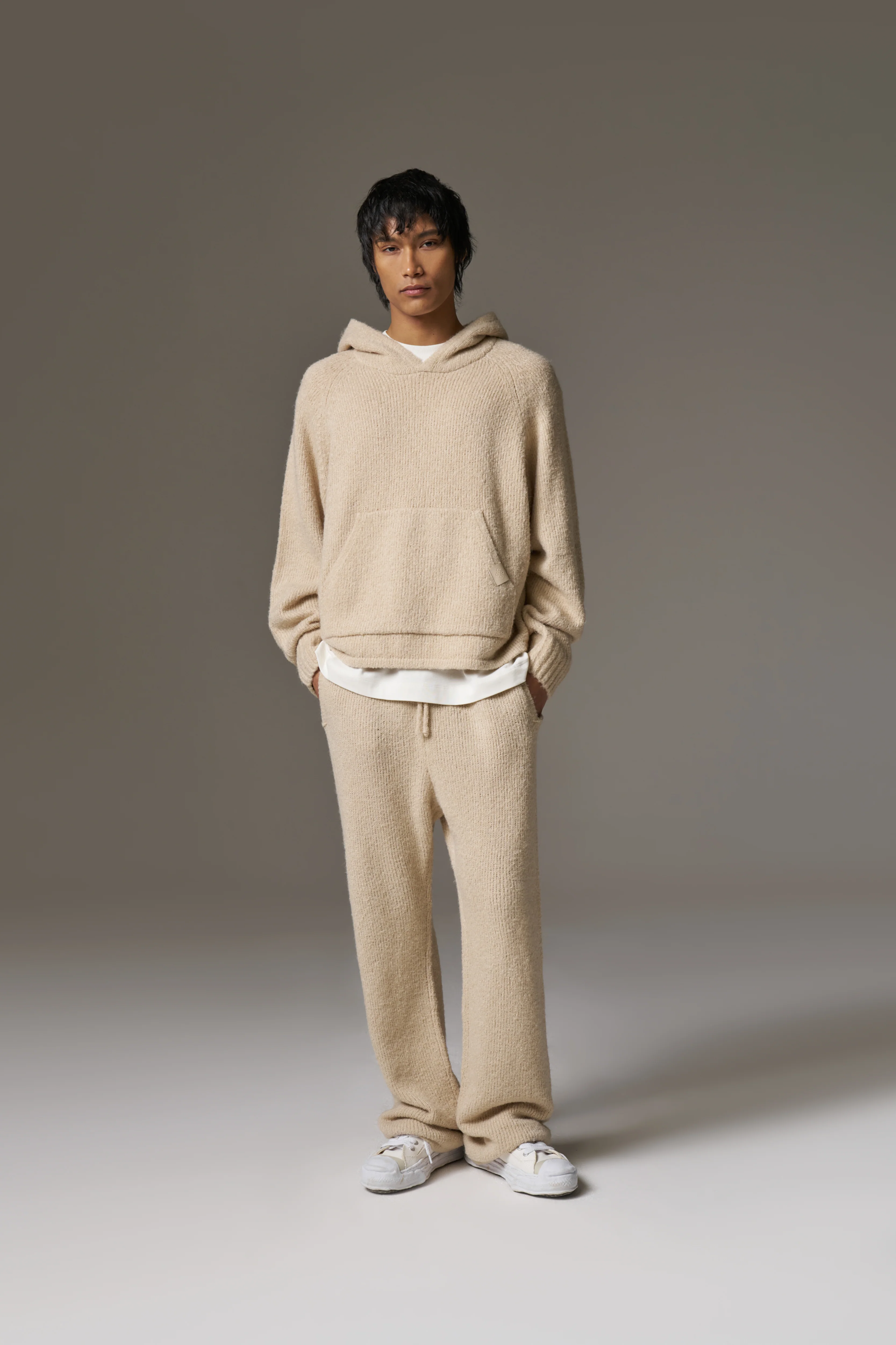 BOUCLE KNIT LONG SLEEVE POLO - STONE