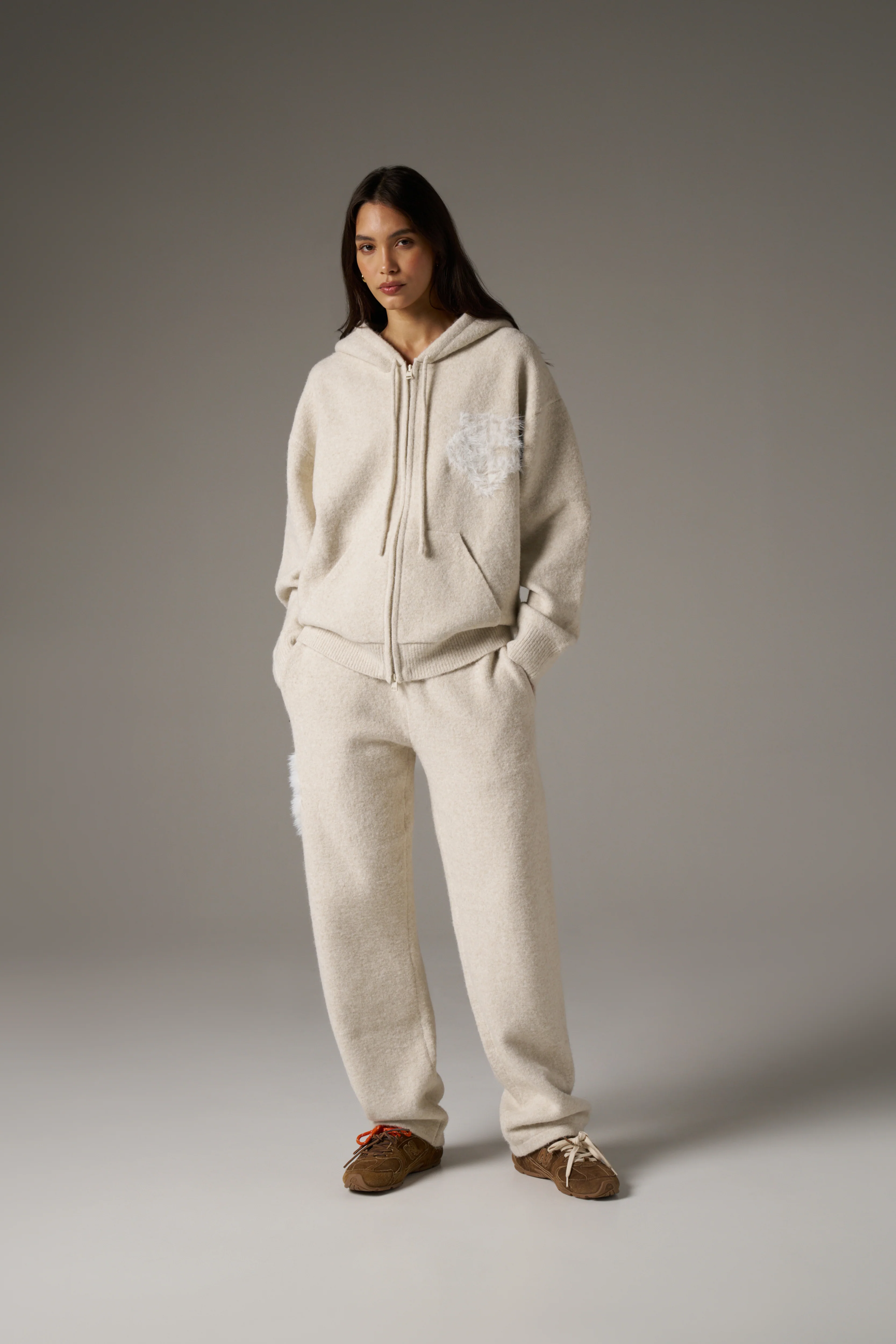 MONOGRAM EMBLEM FLUFFY KNIT ZIP THROUGH HOODIE - BEIGE