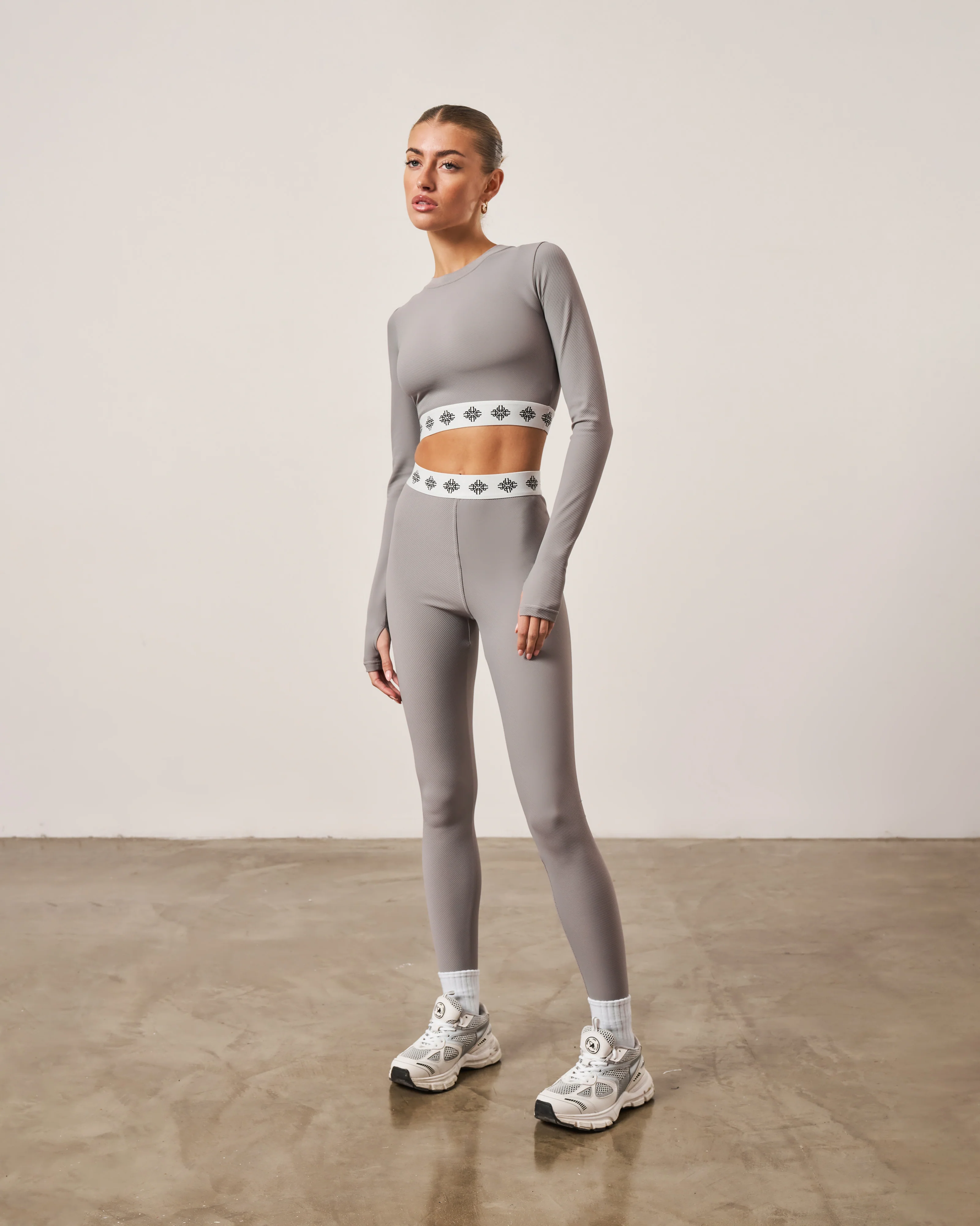 BRANDED WAISTBAND RIBBED LEGGINGS - GREY