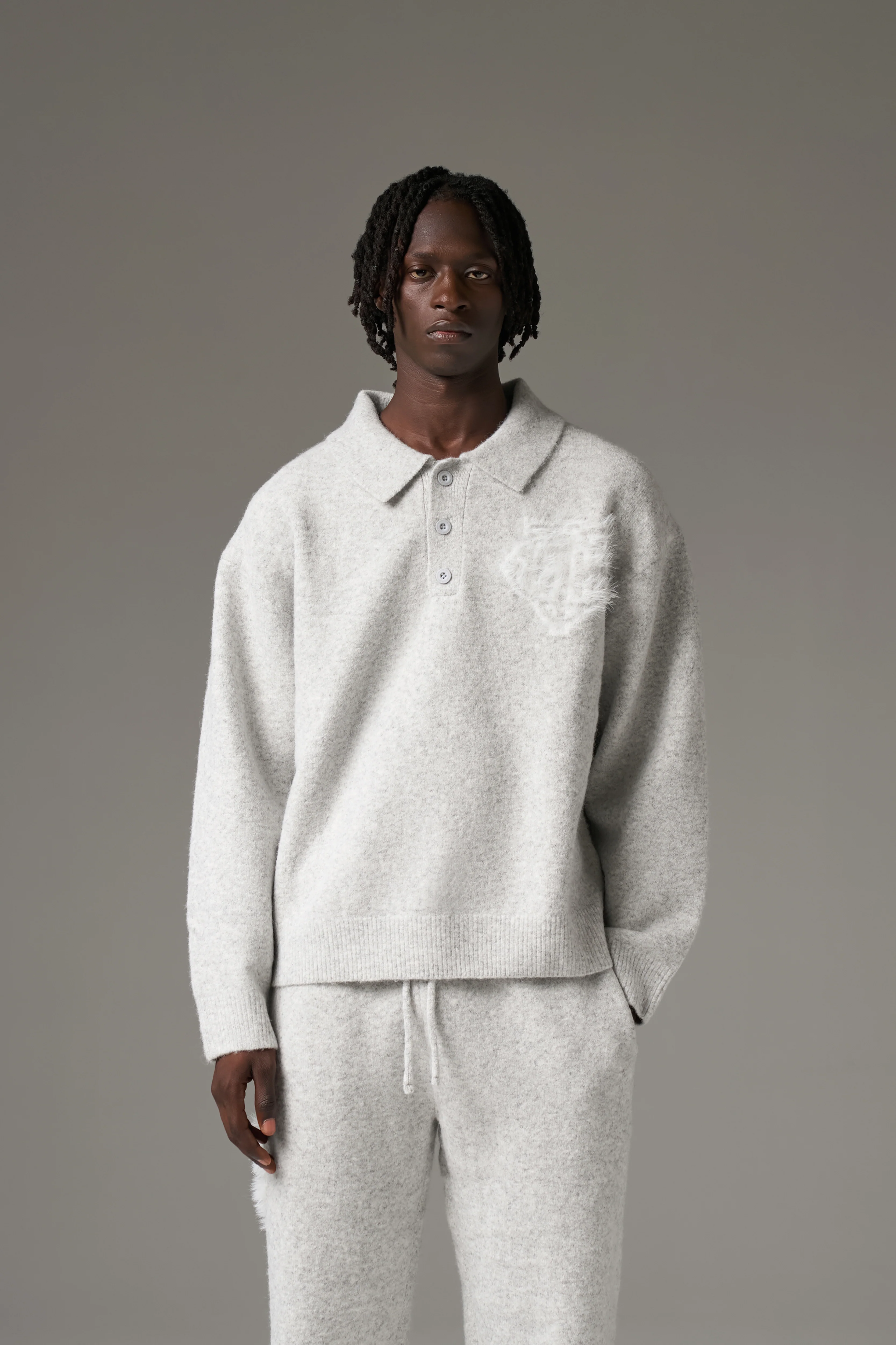 MONOGRAM EMBLEM FLUFFY KNIT POLO - GREY MARL