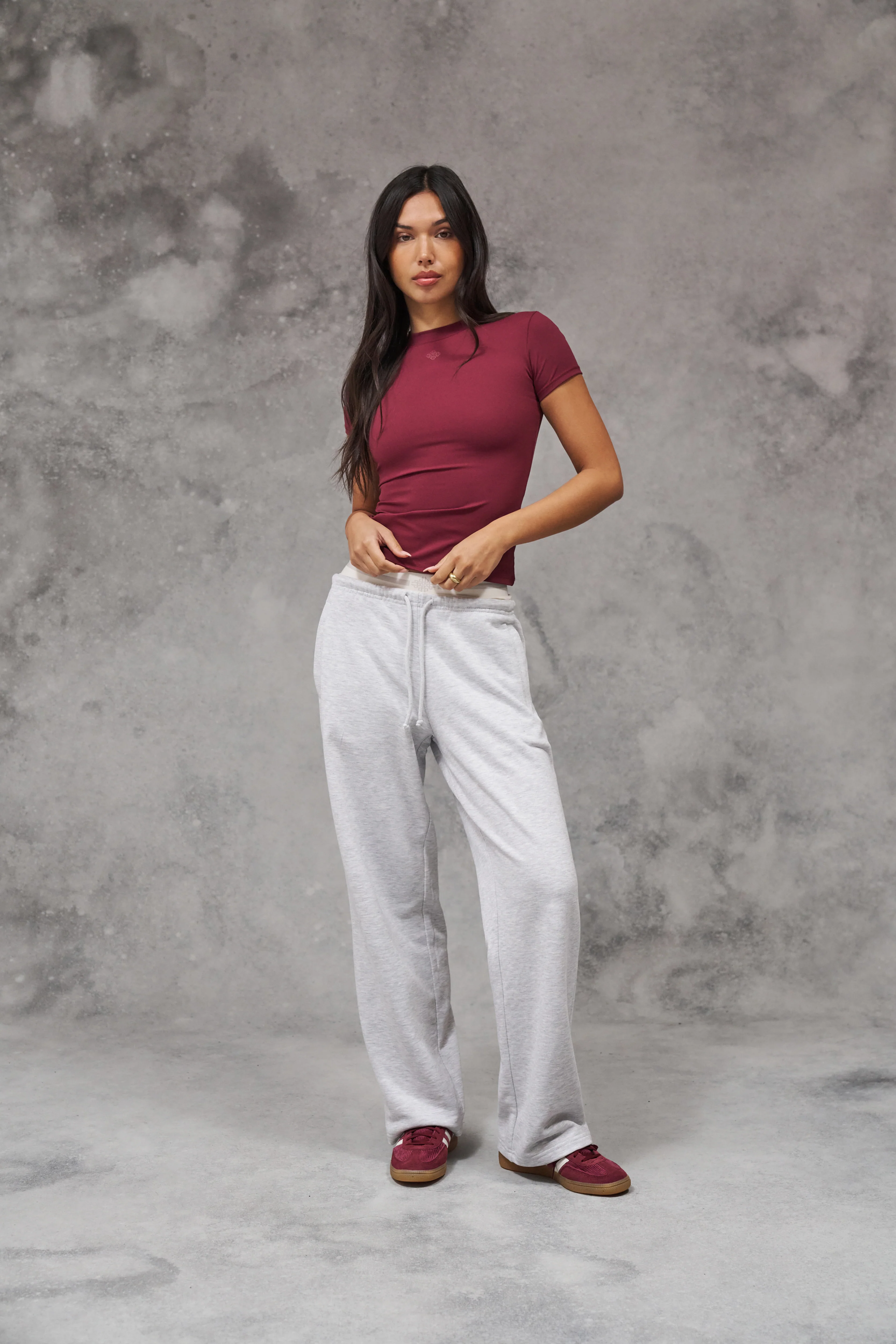 DOUBLE WAISTBAND WIDE LEG JOGGERS - GREY MARL