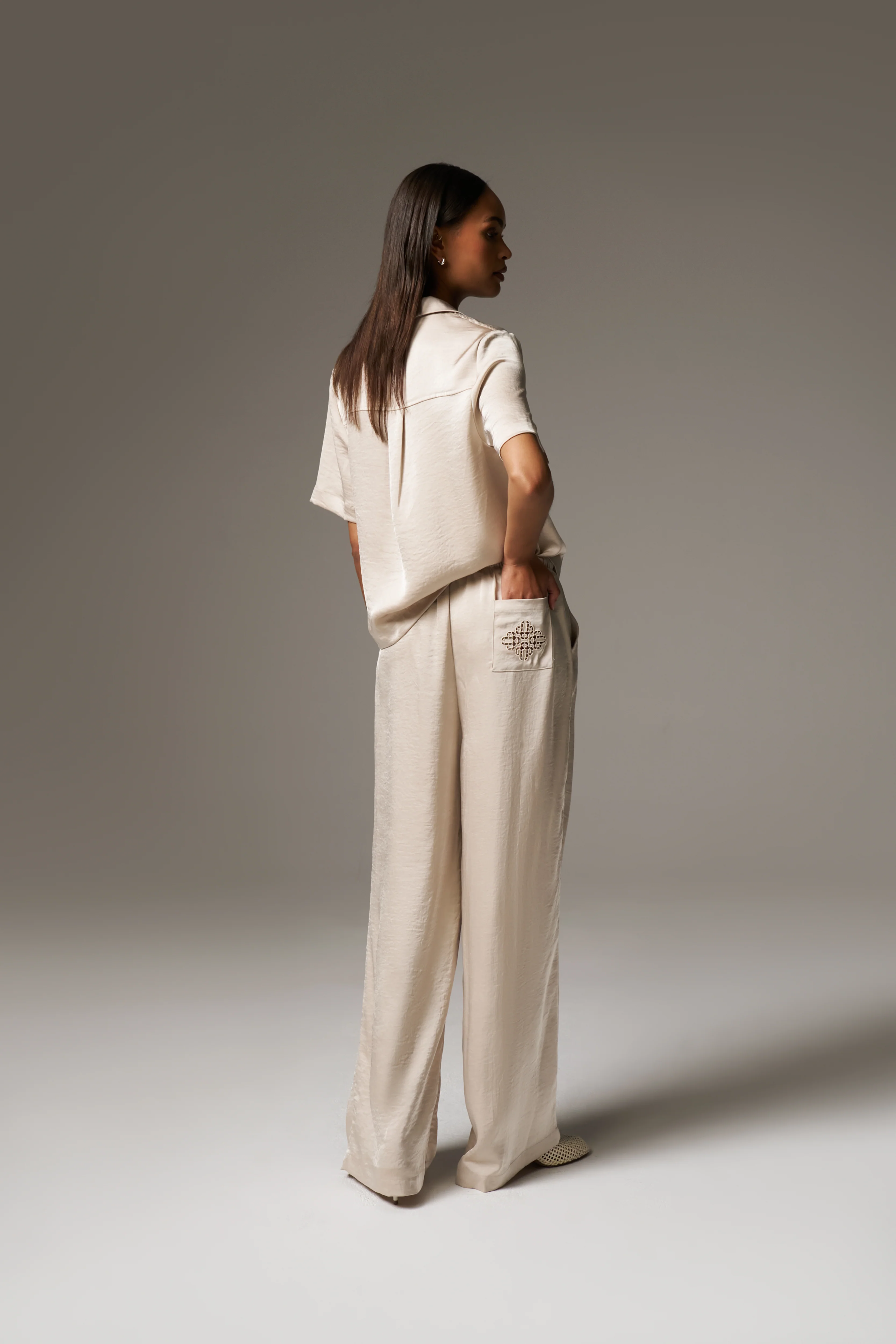 SATIN WIDE LEG EMBLEM TROUSERS - BEIGE