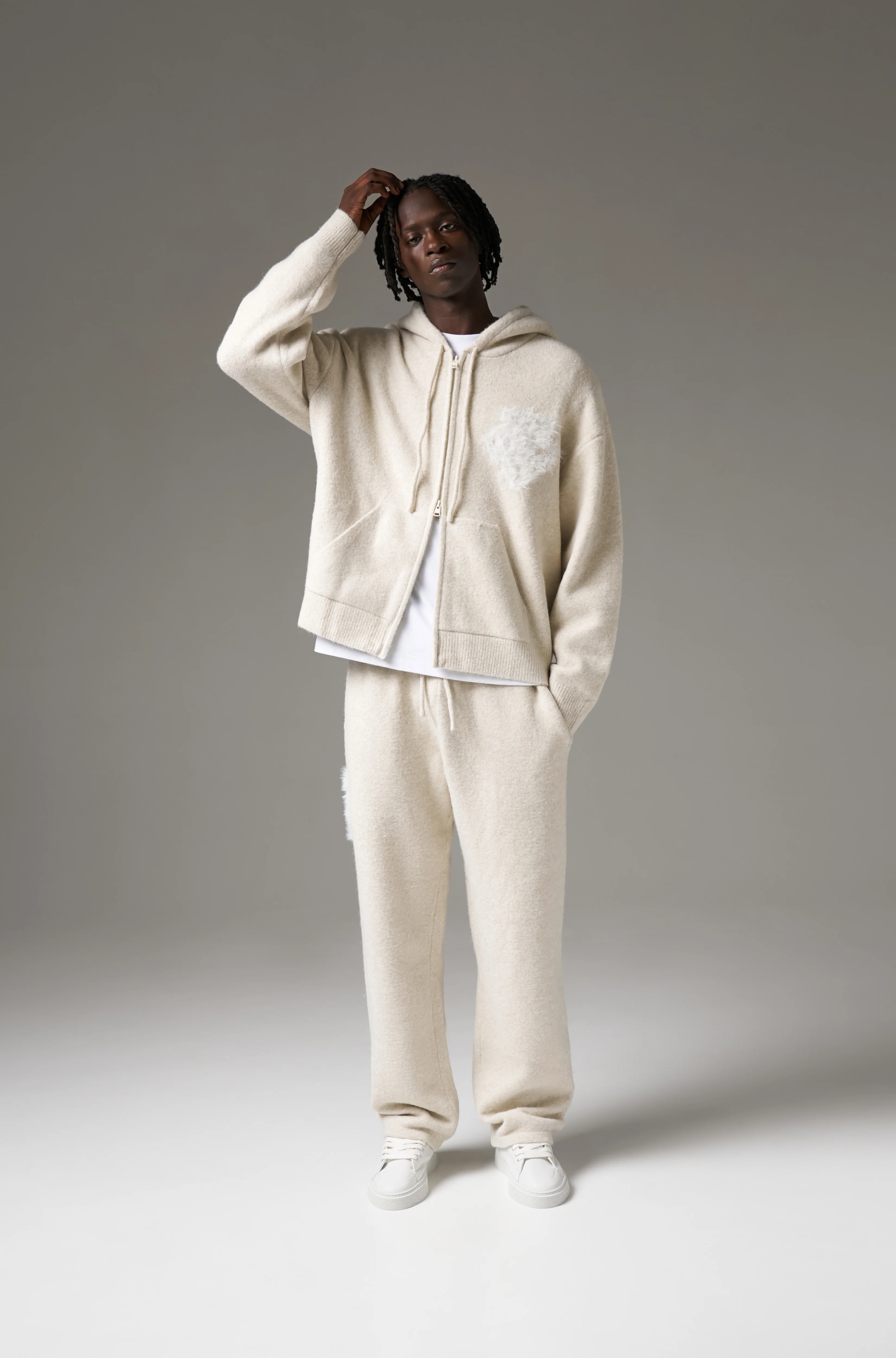 MONOGRAM EMBLEM FLUFFY KNIT ZIP THROUGH HOODIE - BEIGE