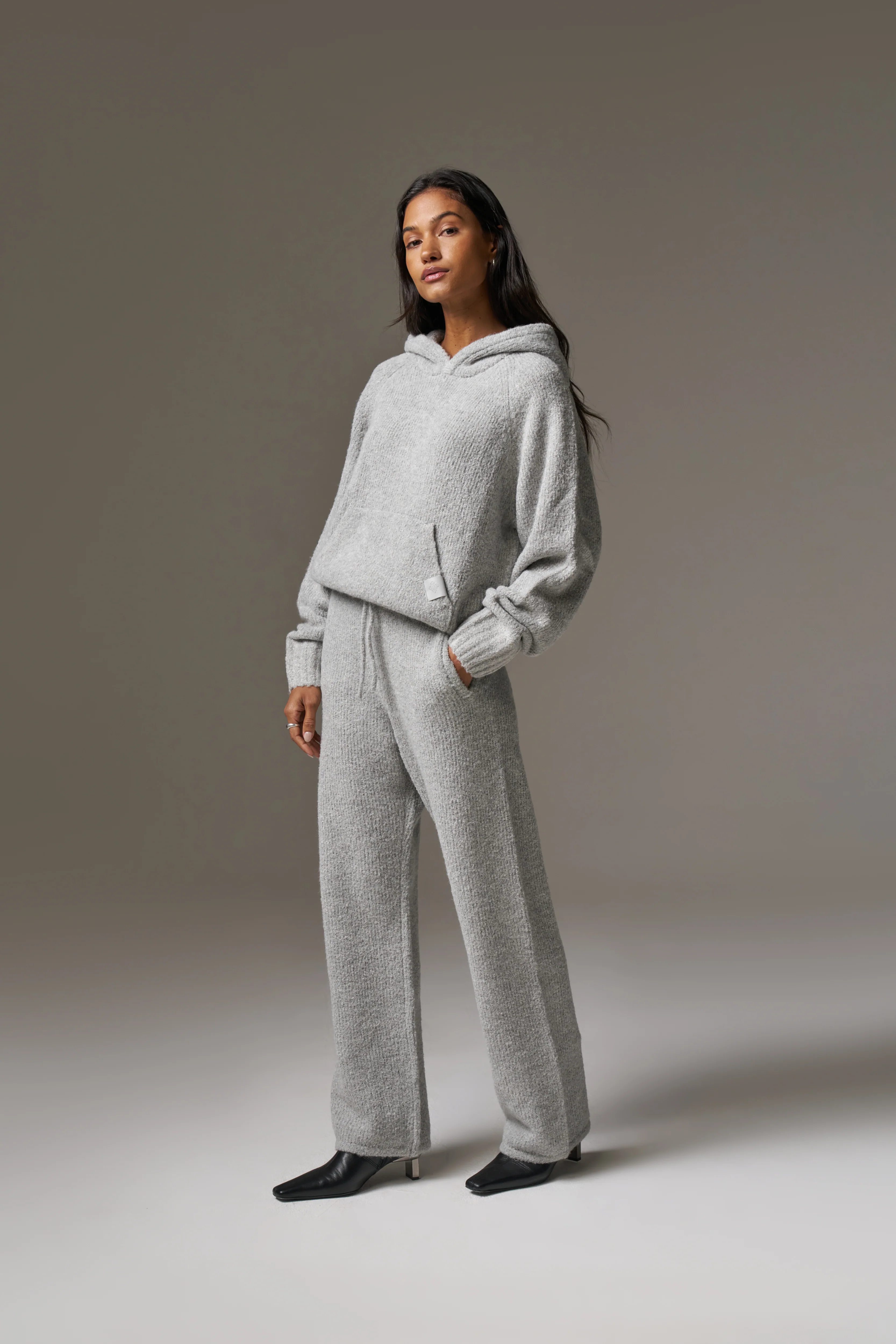 BOUCLE KNIT HOODIE - GREY MARL