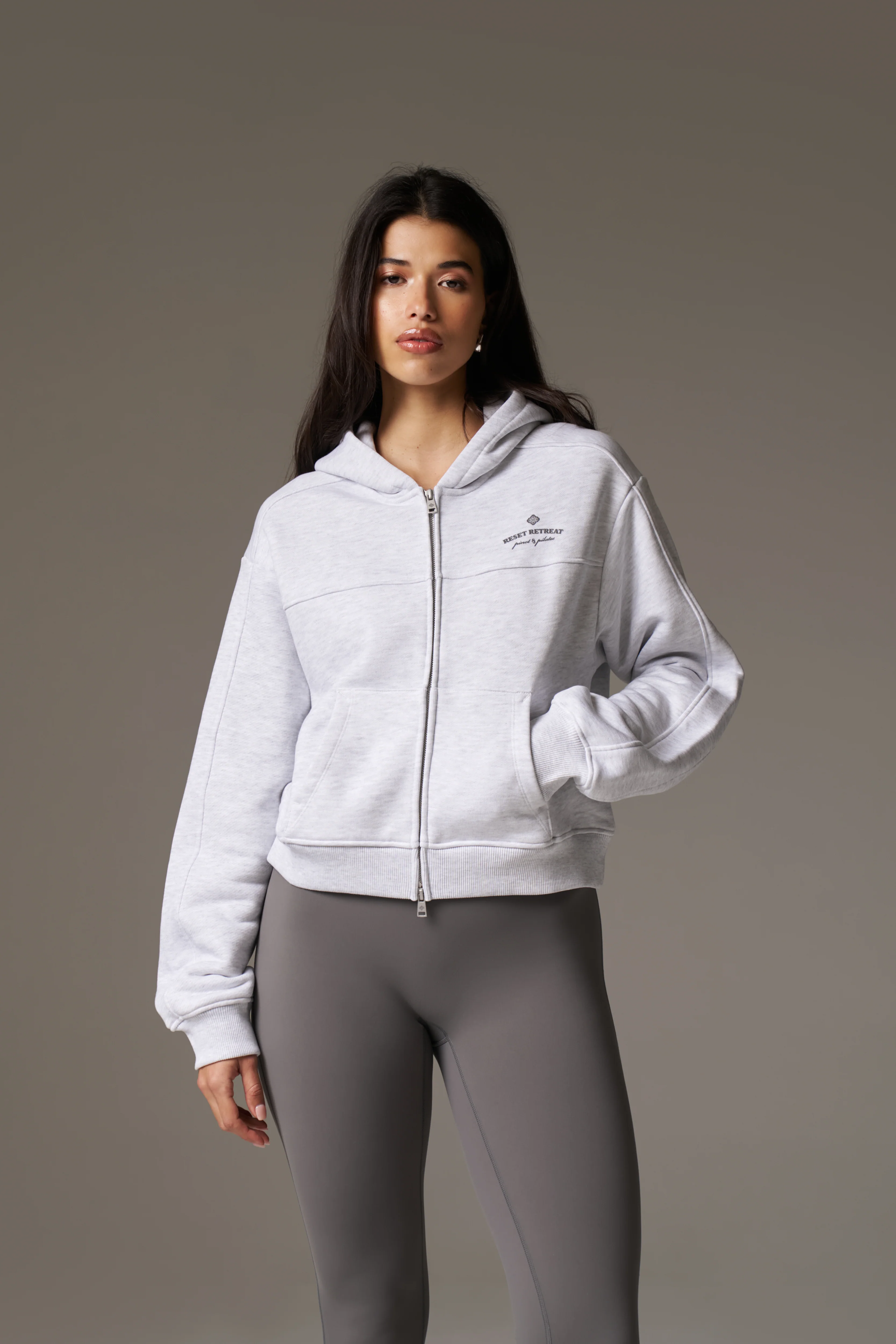 PILATES & PINOT ZIP THROUGH CROPPED HOODIE - GREY MARL