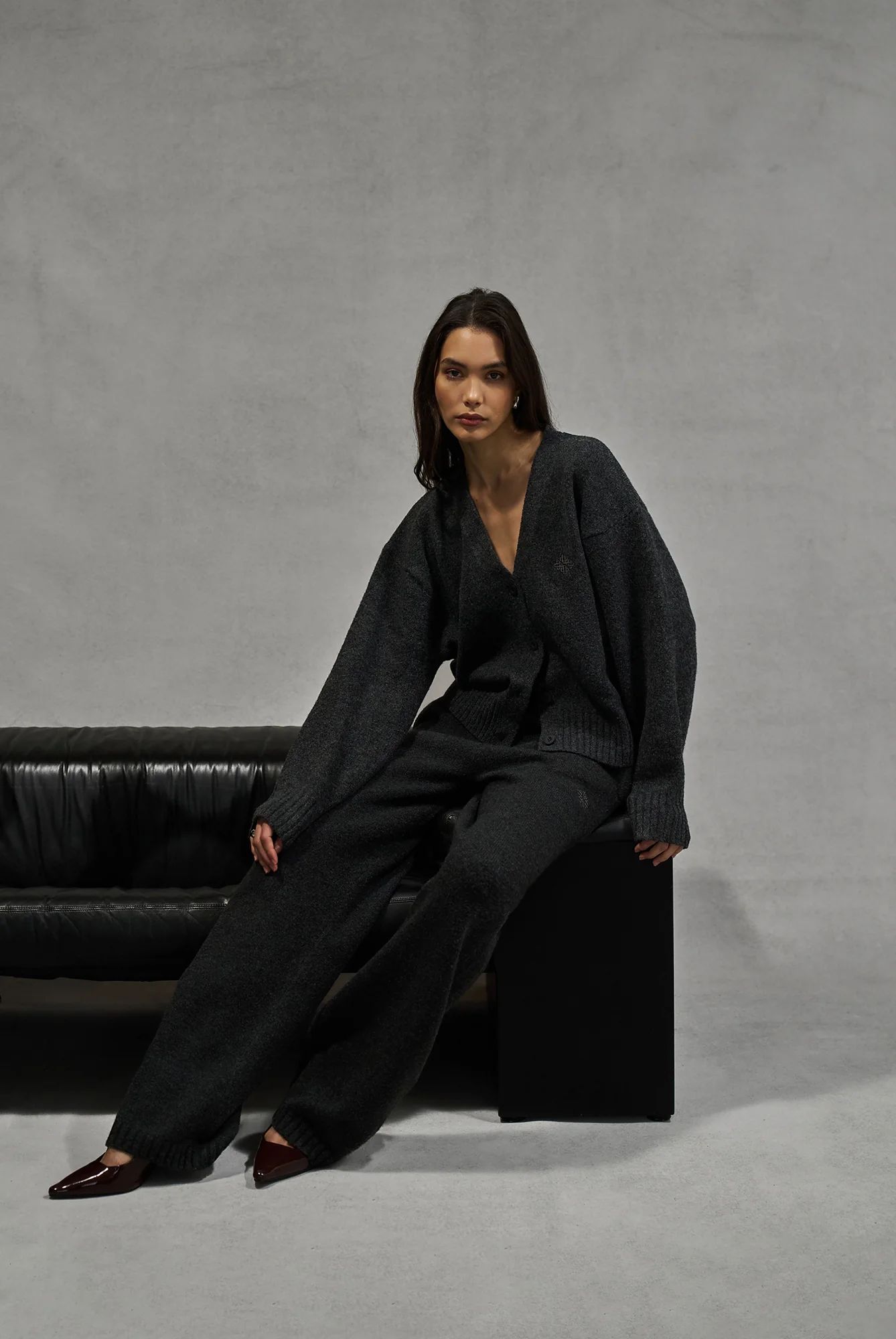 FLUFFY KNIT EMBLEM EMBROIDERED CARDIGAN - CHARCOAL