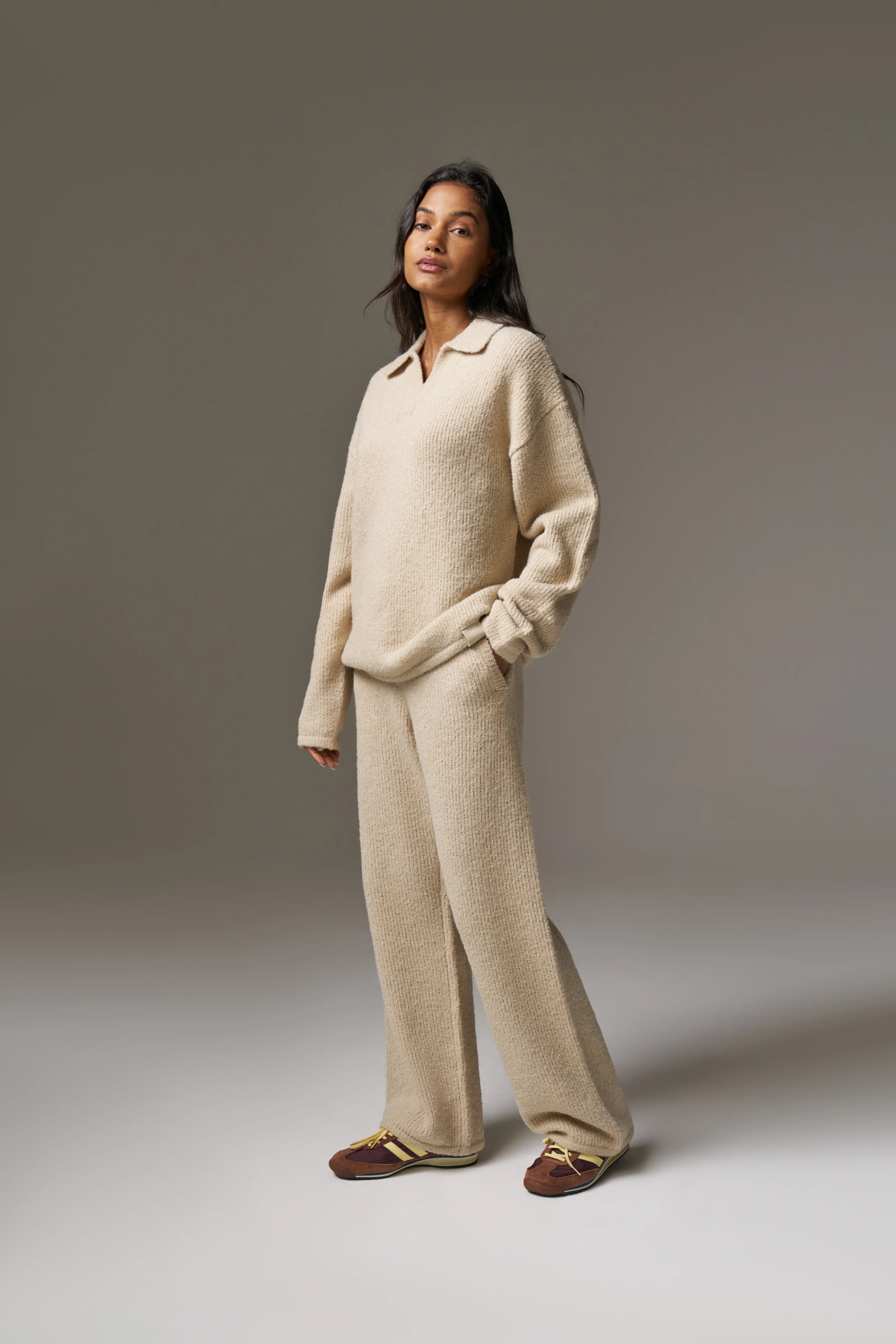 BOUCLE KNIT LONG SLEEVE POLO - STONE