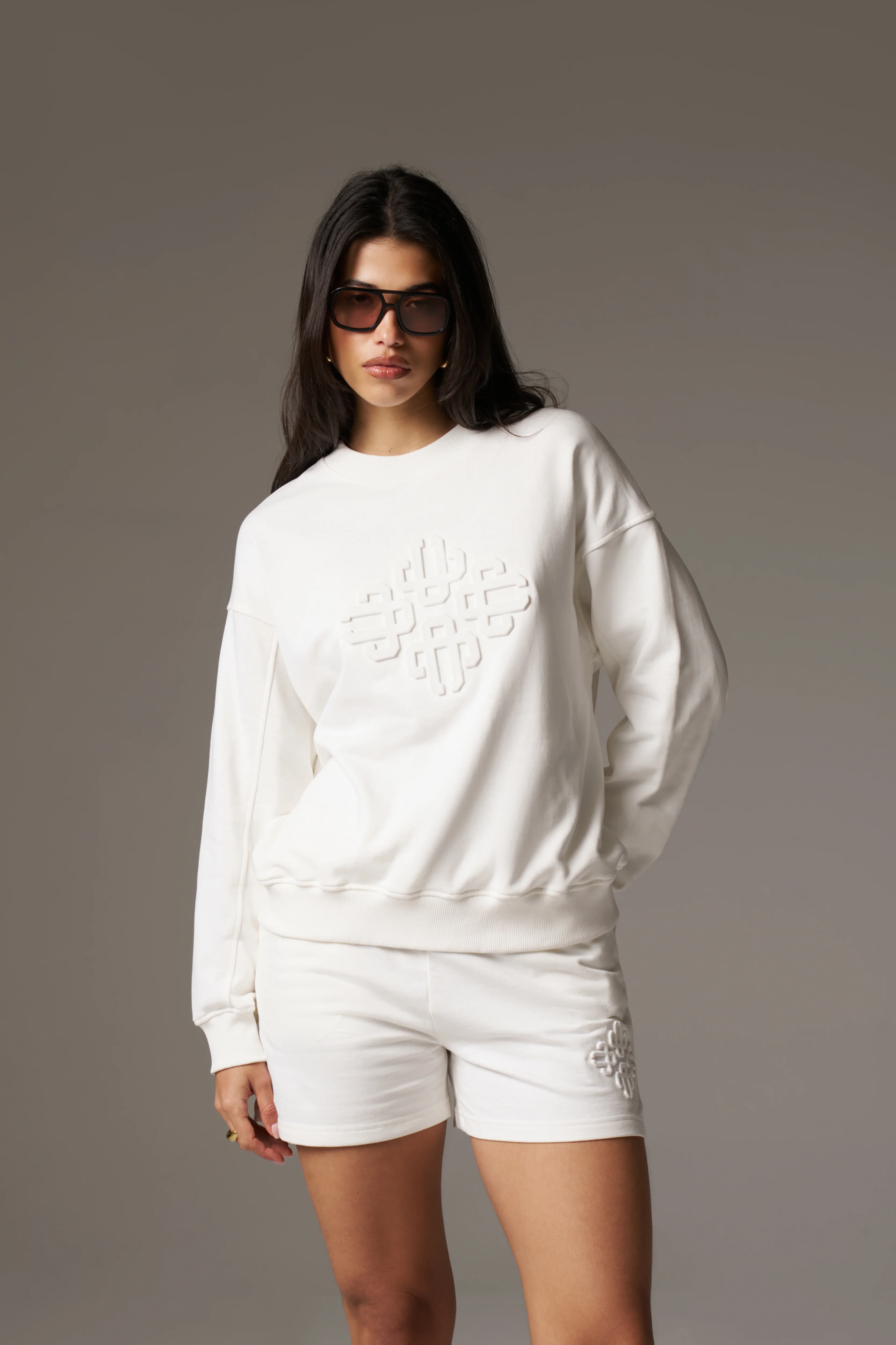 EMBLEM EMBOSSED OVERSIZED SWEATSHIRT - OFF WHITE