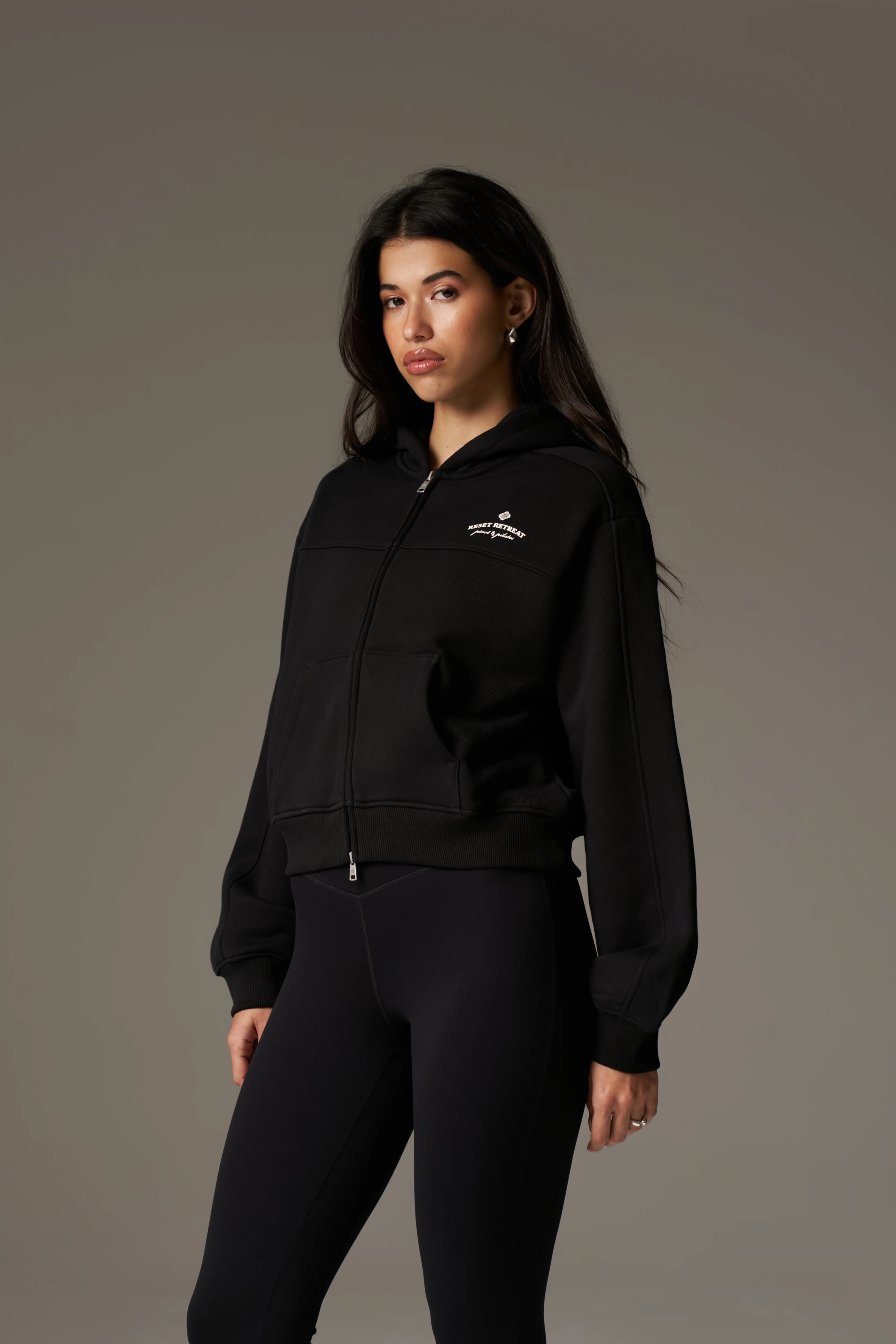 PILATES & PINOT ZIP THROUGH CROPPED HOODIE - BLACK