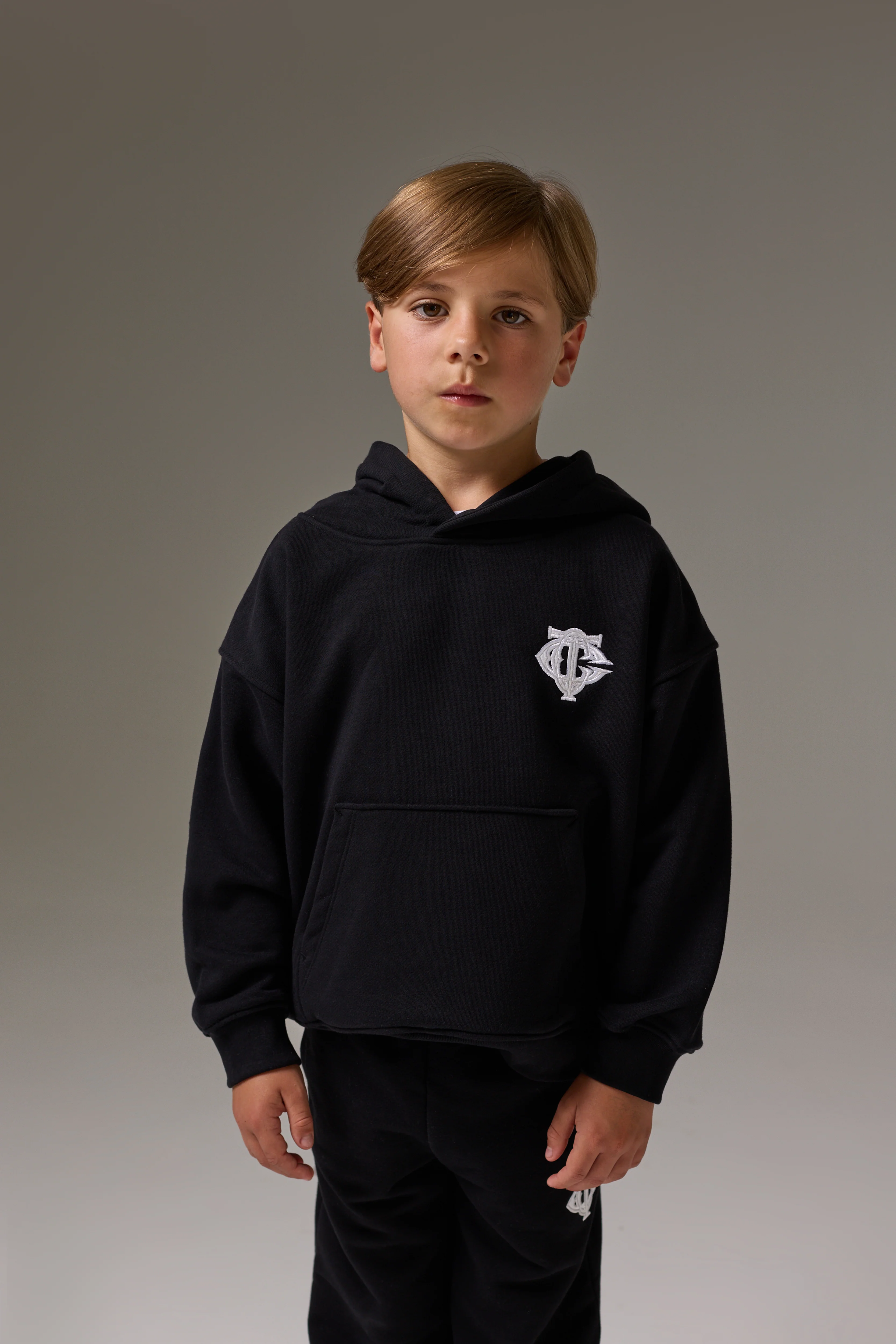 JUNIOR MONOGRAM EMBLEM APPLIQUE HOODIE - BLACK