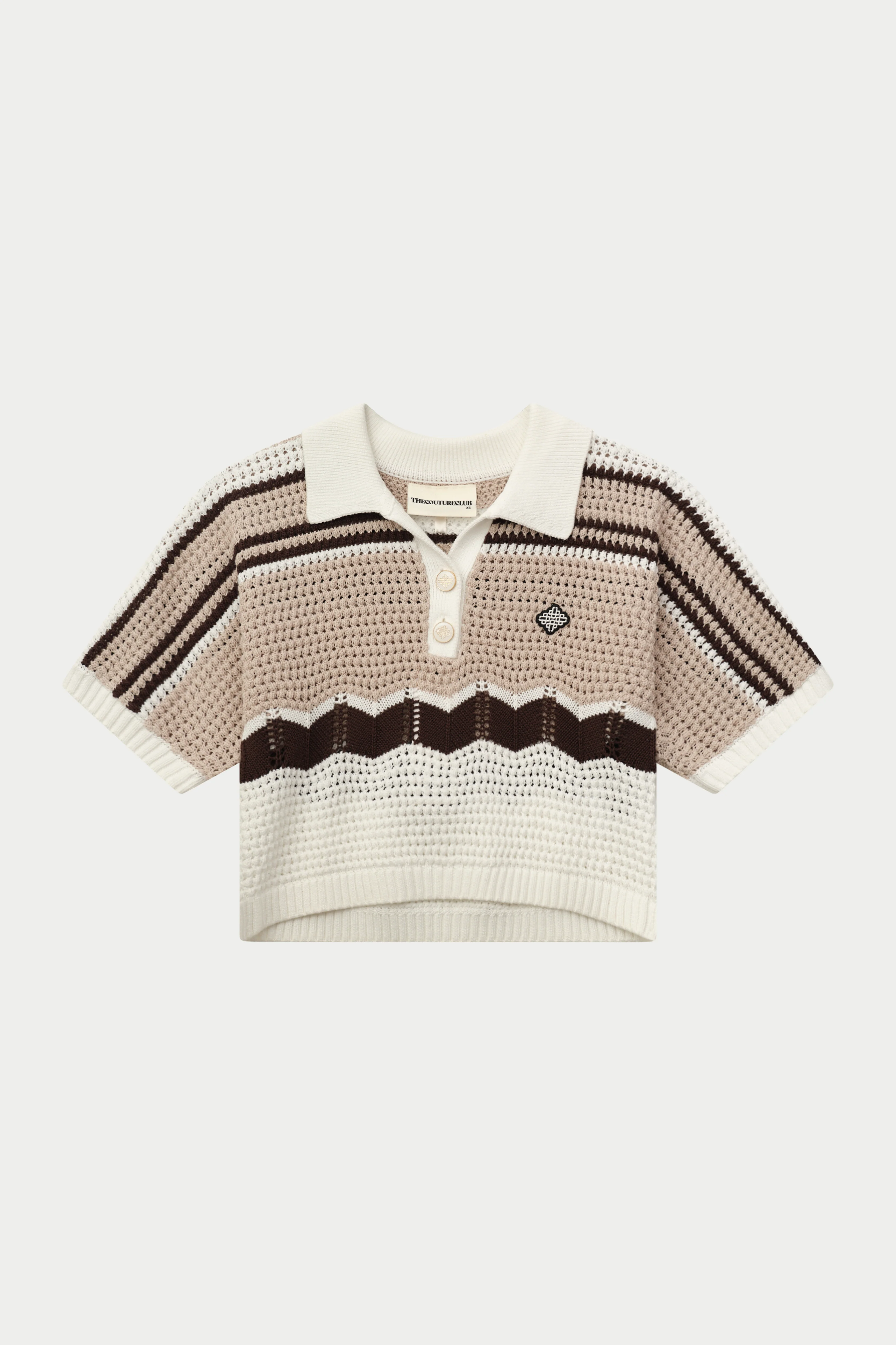 STRIPE CROCHET KNITTED OPEN COLLAR SHIRT - OFF WHITE