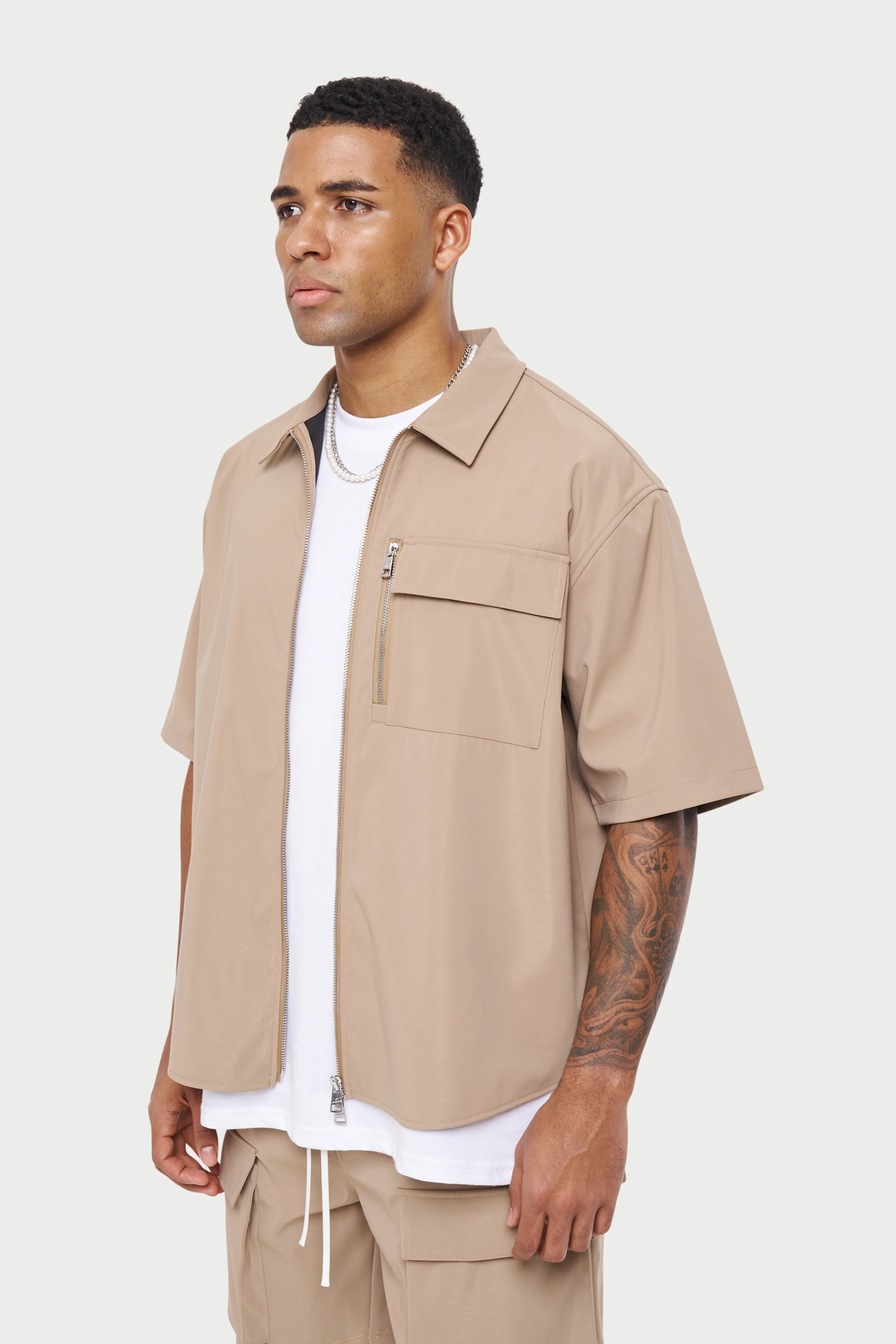 TECHNICAL HEAVYWEIGHT ZIP OVERSHIRT - BEIGE