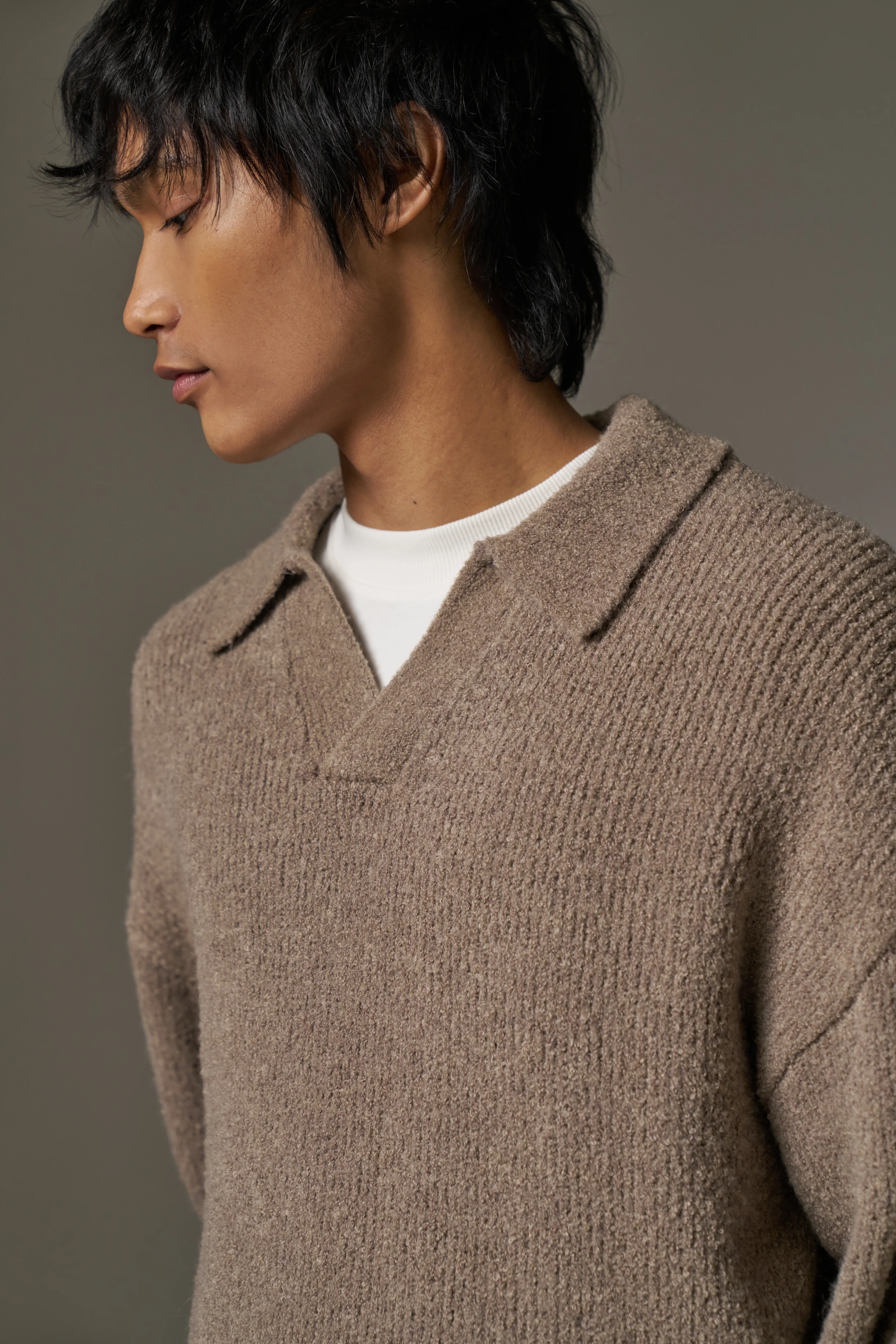 BOUCLE KNIT LONG SLEEVE POLO - BROWN