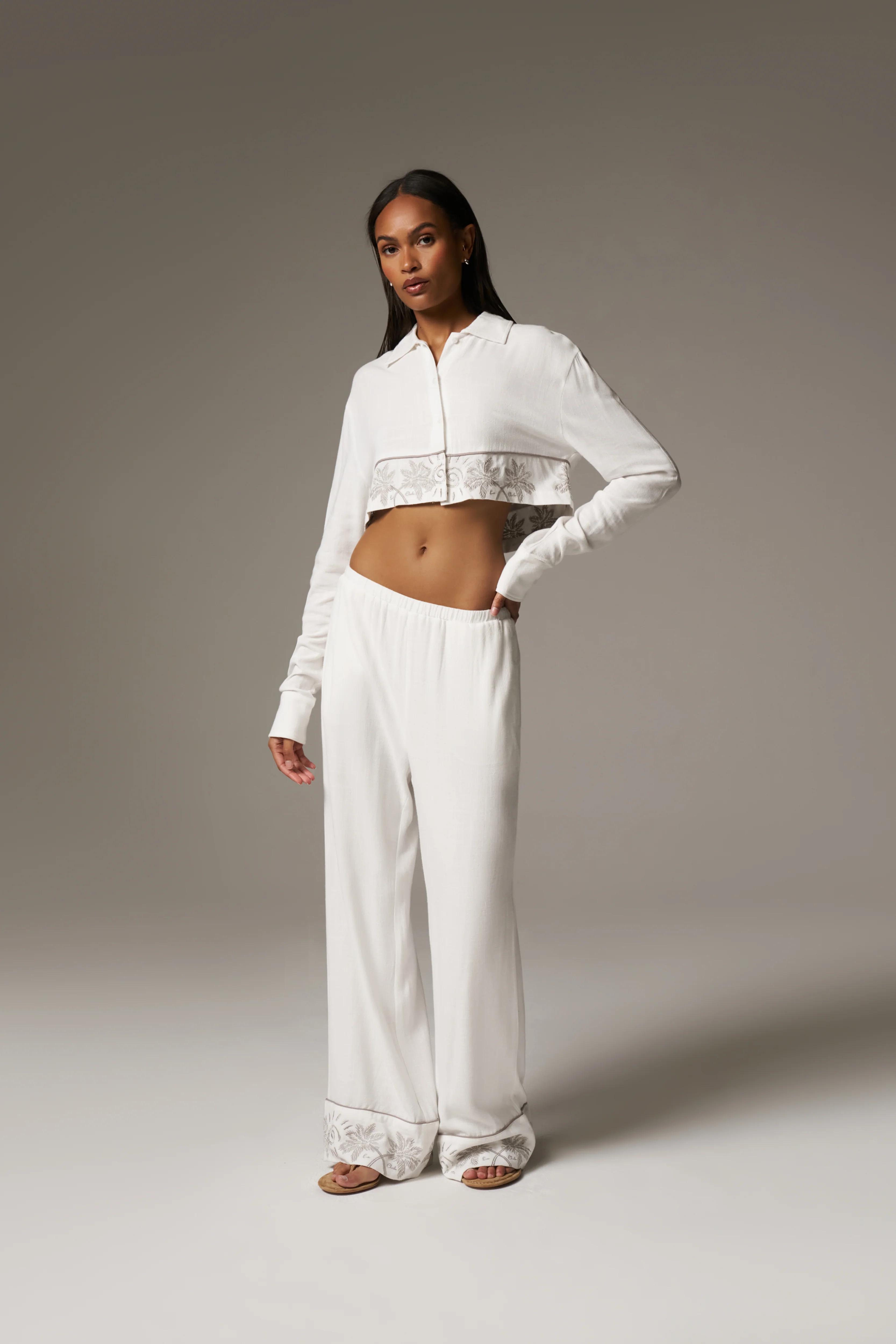 PALM EMBROIDERED WIDE LEG TROUSERS - OFF WHITE