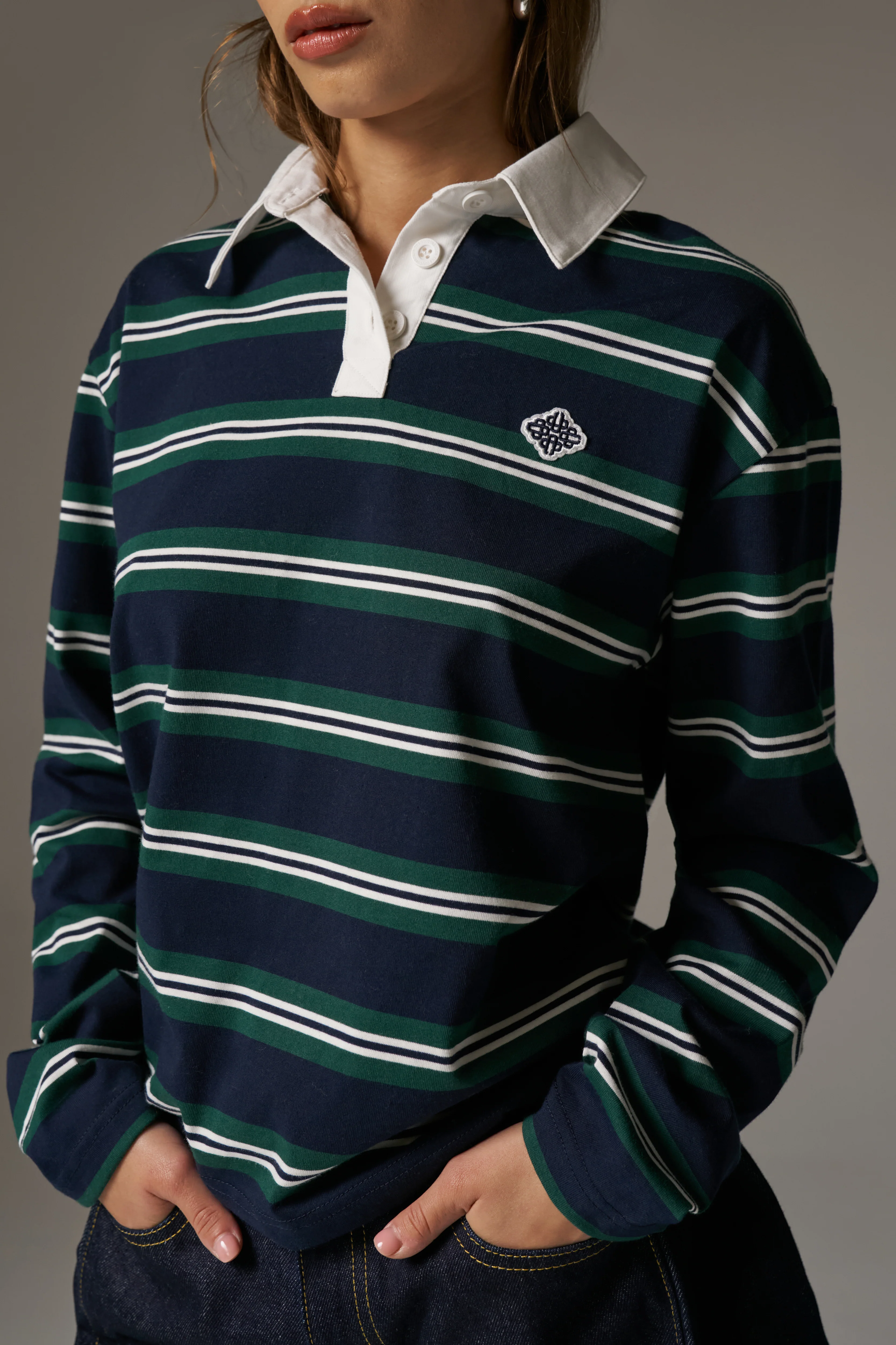 STRIPED LONG SLEEVE POLO TEE - NAVY