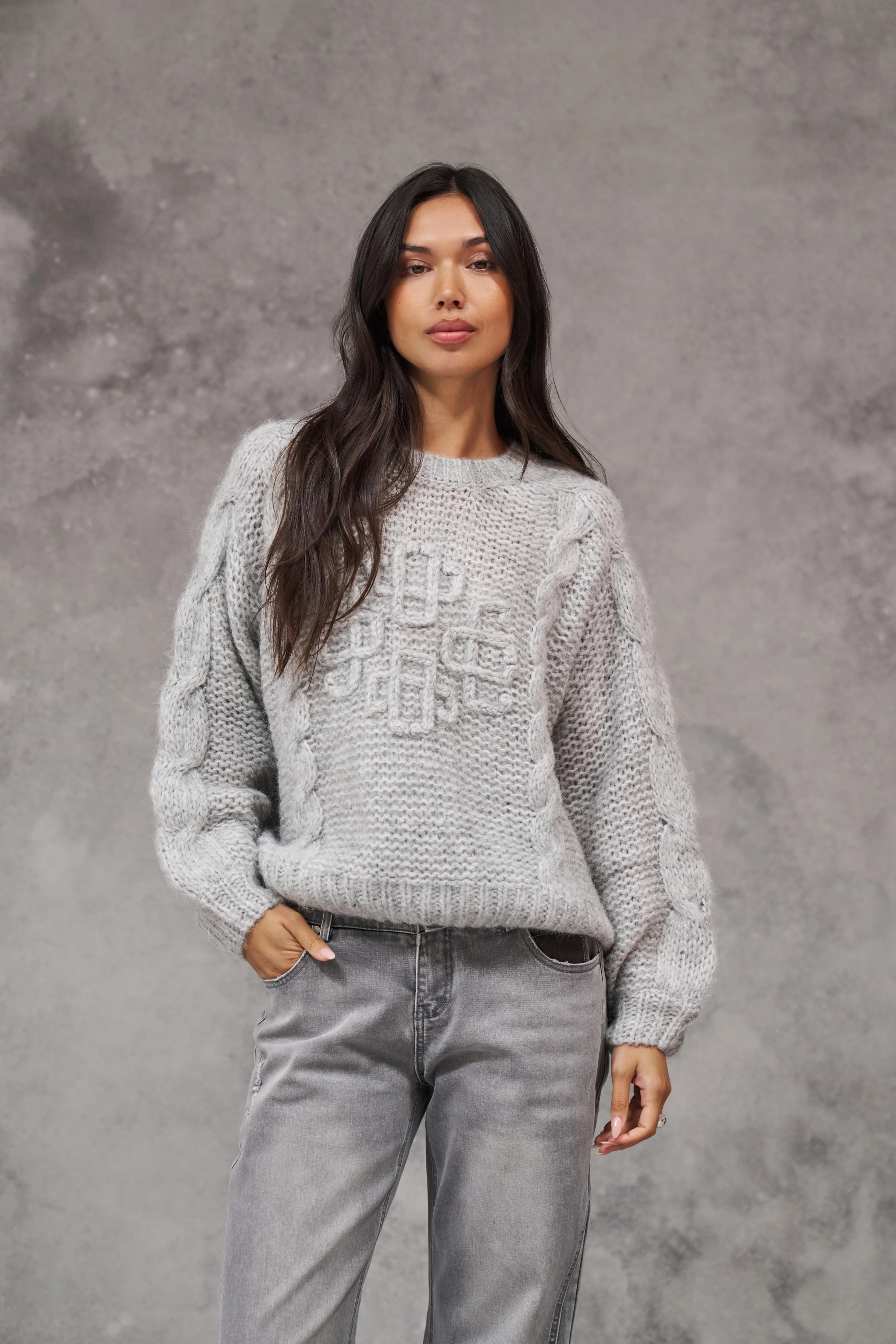 EMBLEM PLAITED OVERSIZED KNIT JUMPER - GREY MARL