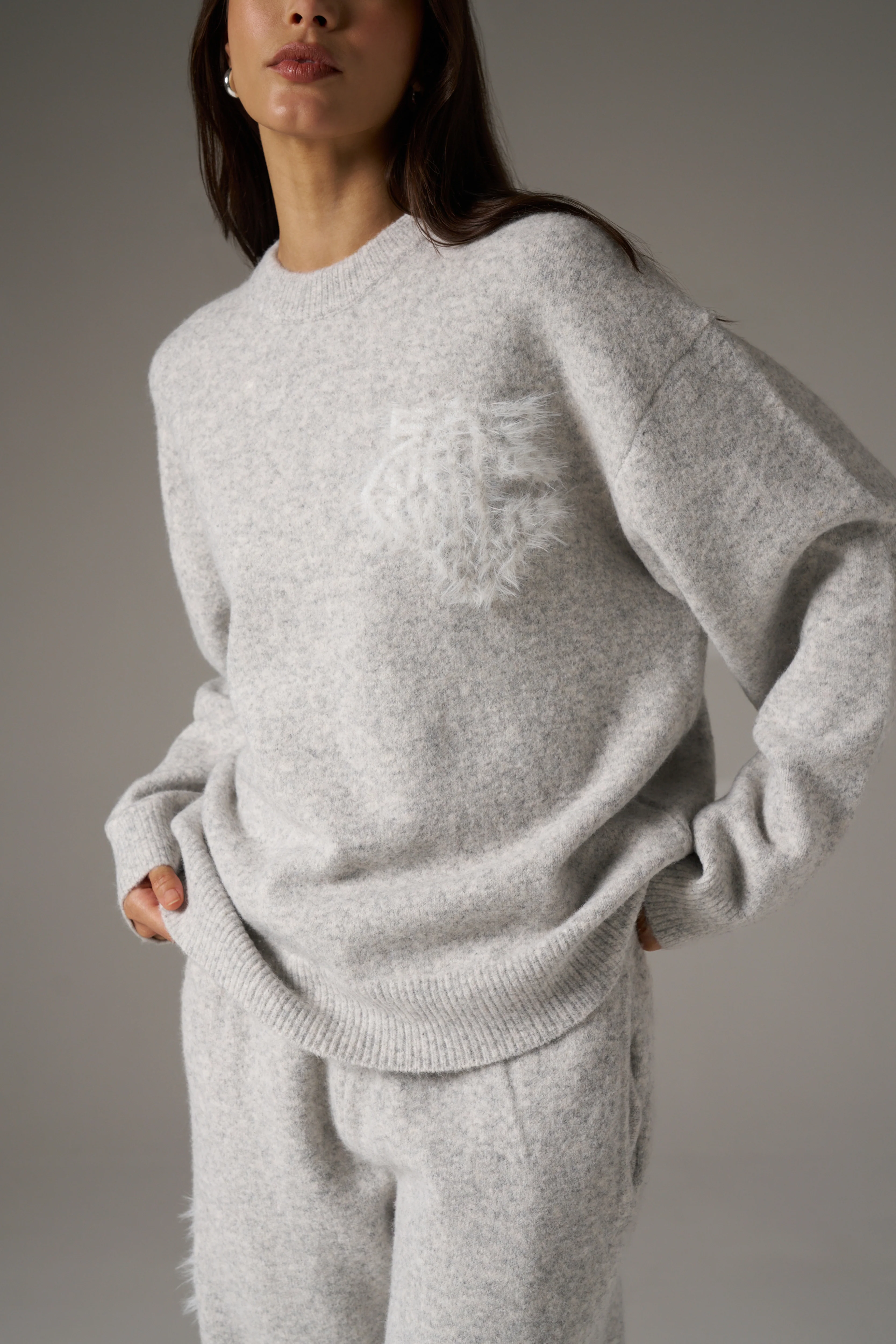 MONOGRAM EMBLEM FLUFFY KNIT CREW - GREY MARL