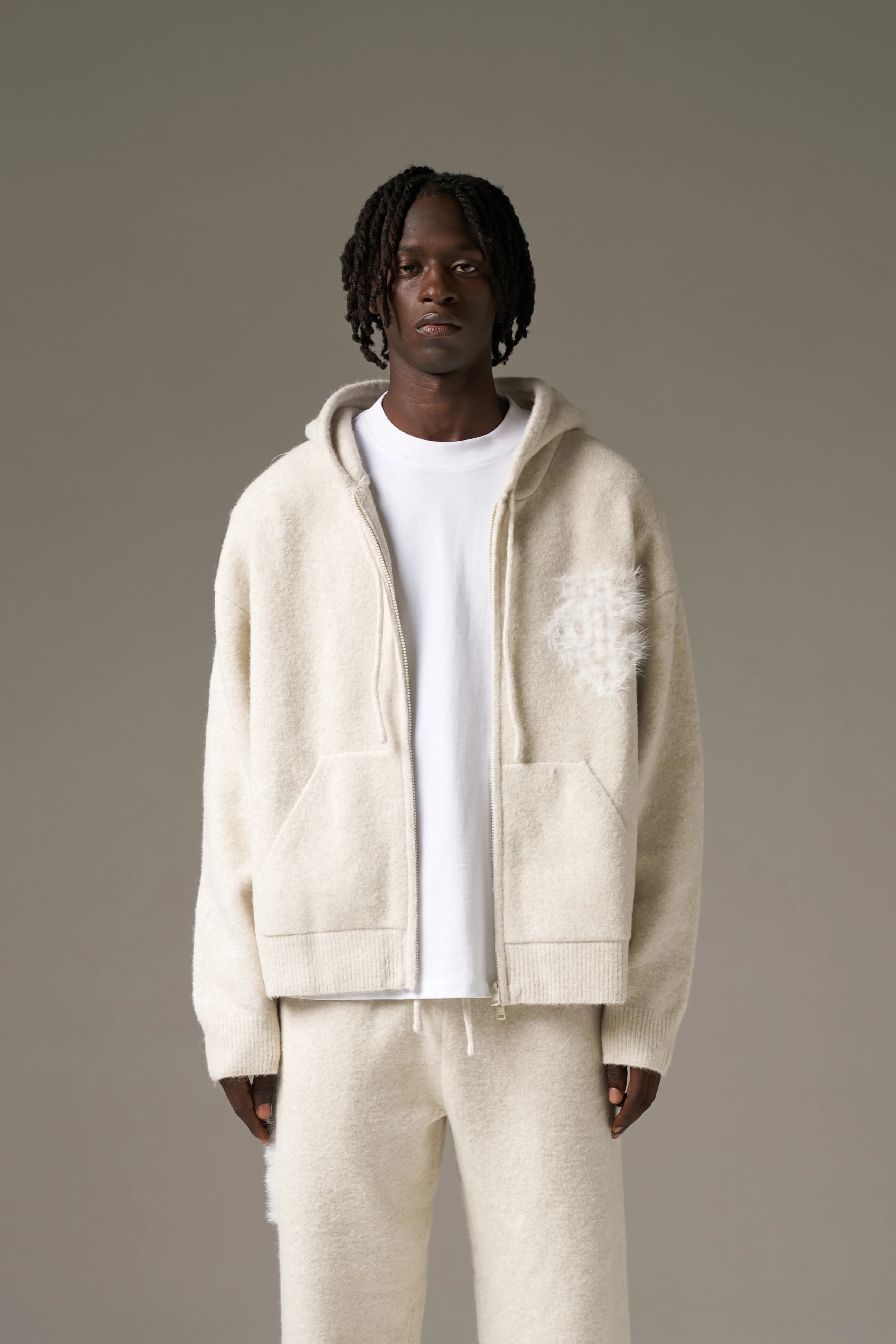 MONOGRAM EMBLEM FLUFFY KNIT ZIP THROUGH HOODIE - BEIGE