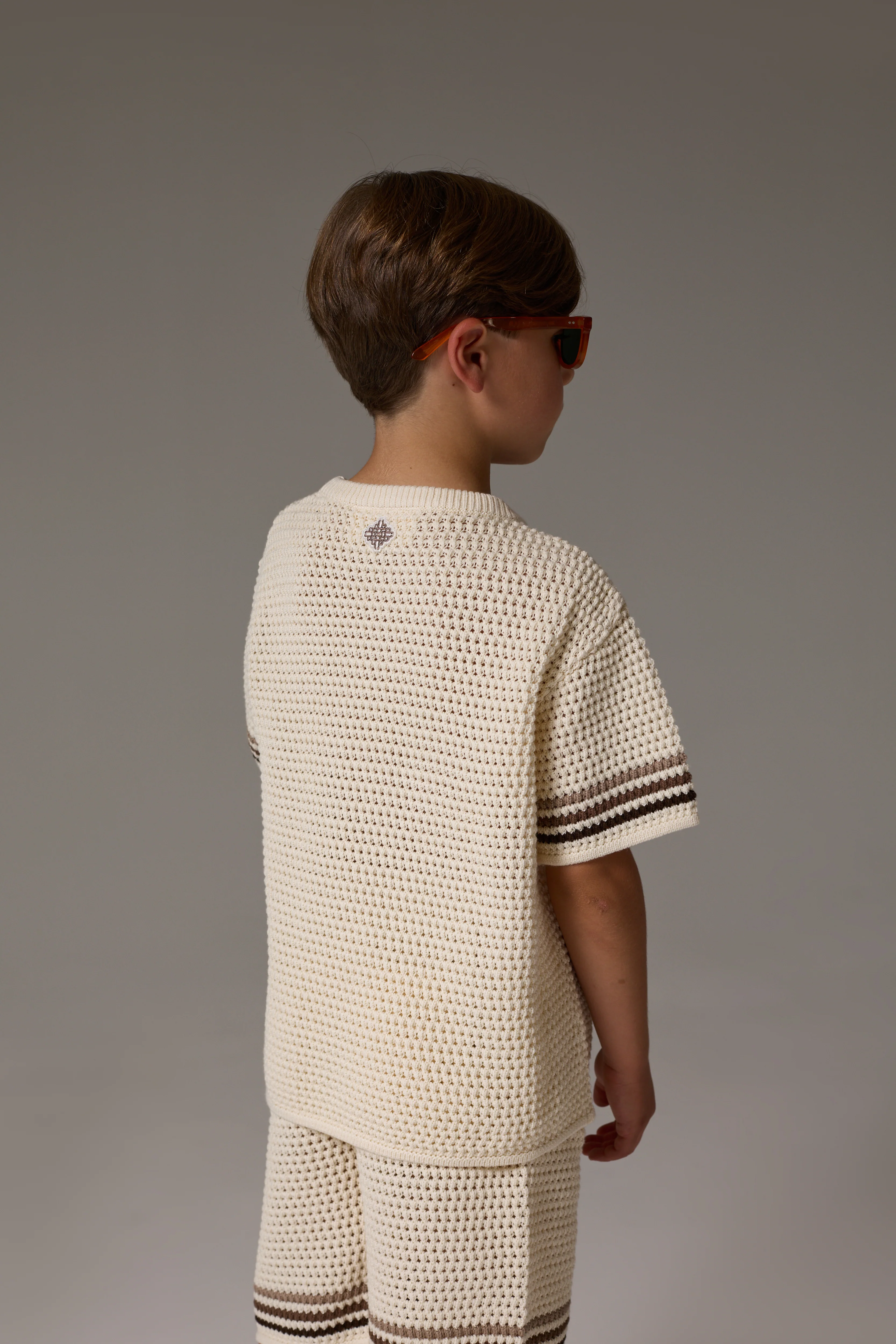 JUNIOR STRIPE CROCHET KNIT T-SHIRT - OFF WHITE