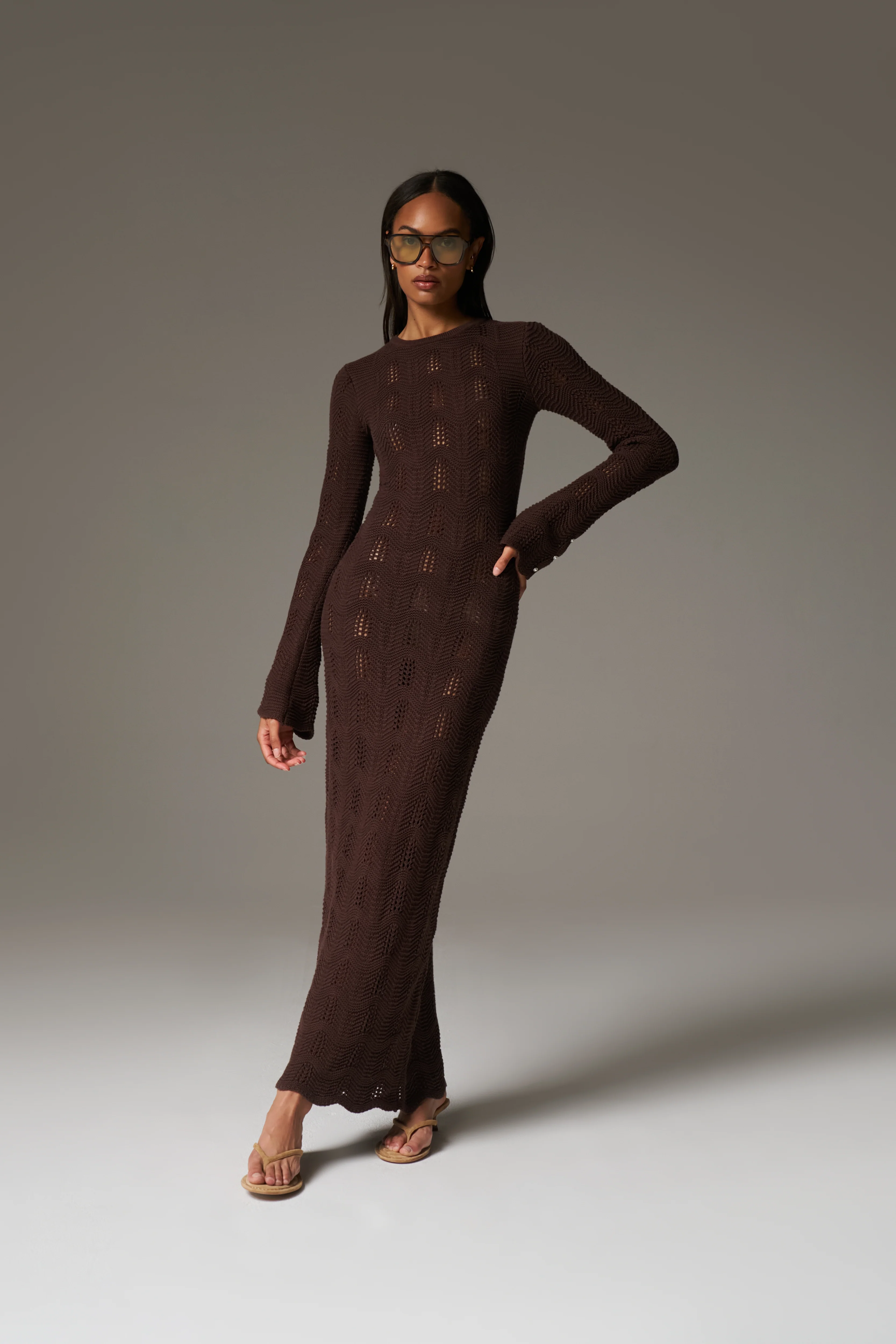 SCALLOP EDGE KNITTED MAXI DRESS - CHOCOLATE
