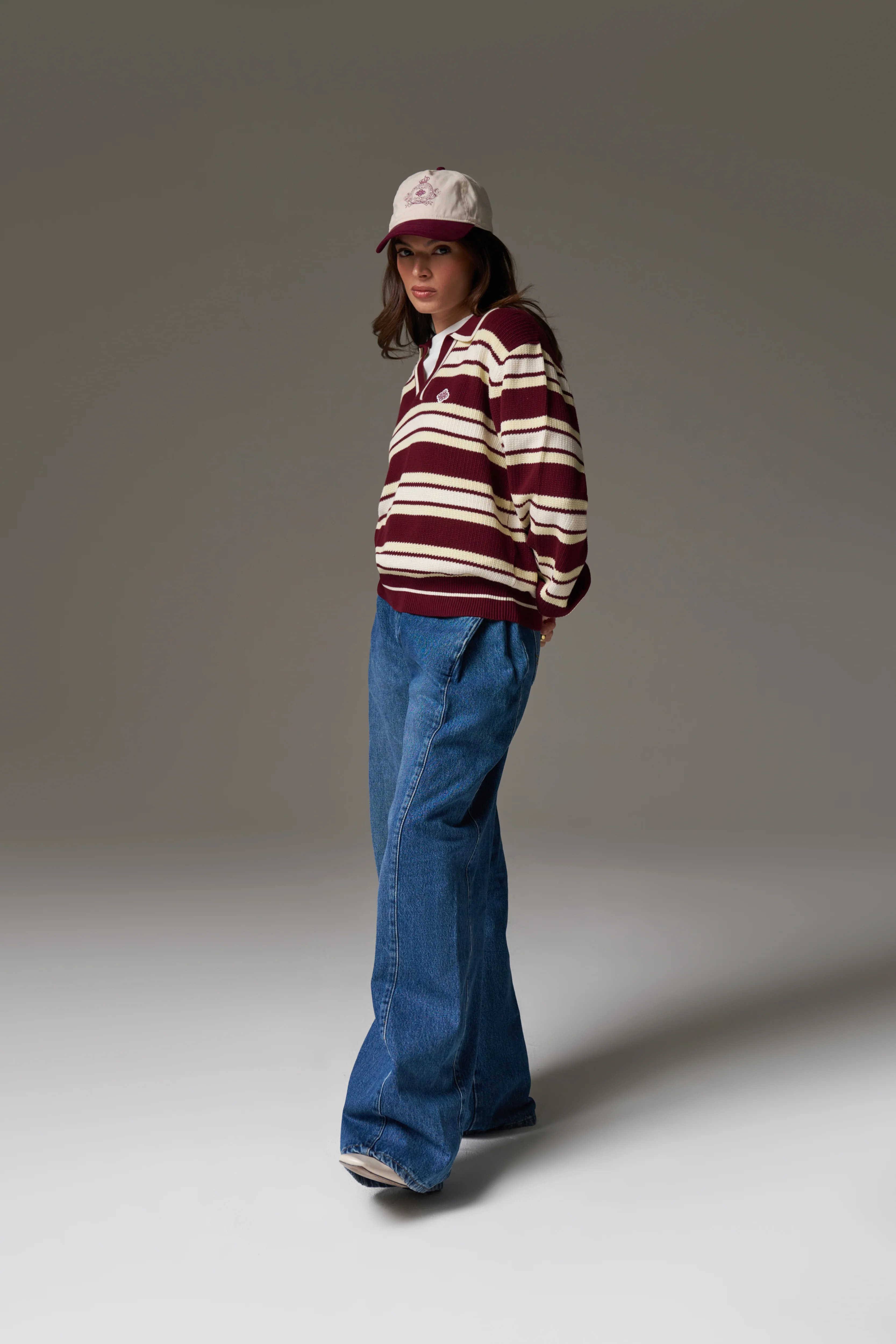 STRIPE KNITTED POLO SWEATSHIRT - BURGUNDY