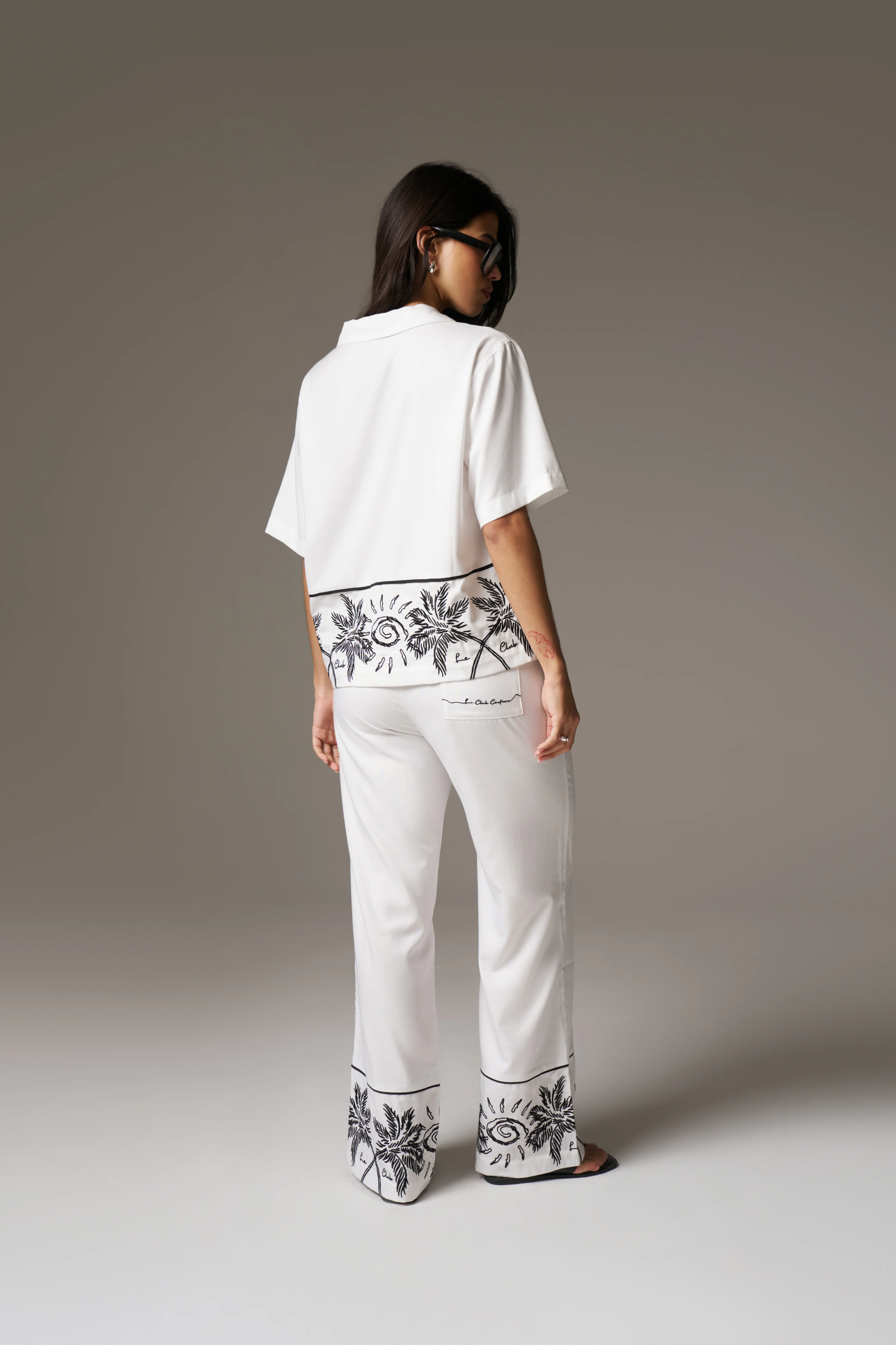 PALM EMBROIDERY WIDE LEG TROUSERS - WHITE