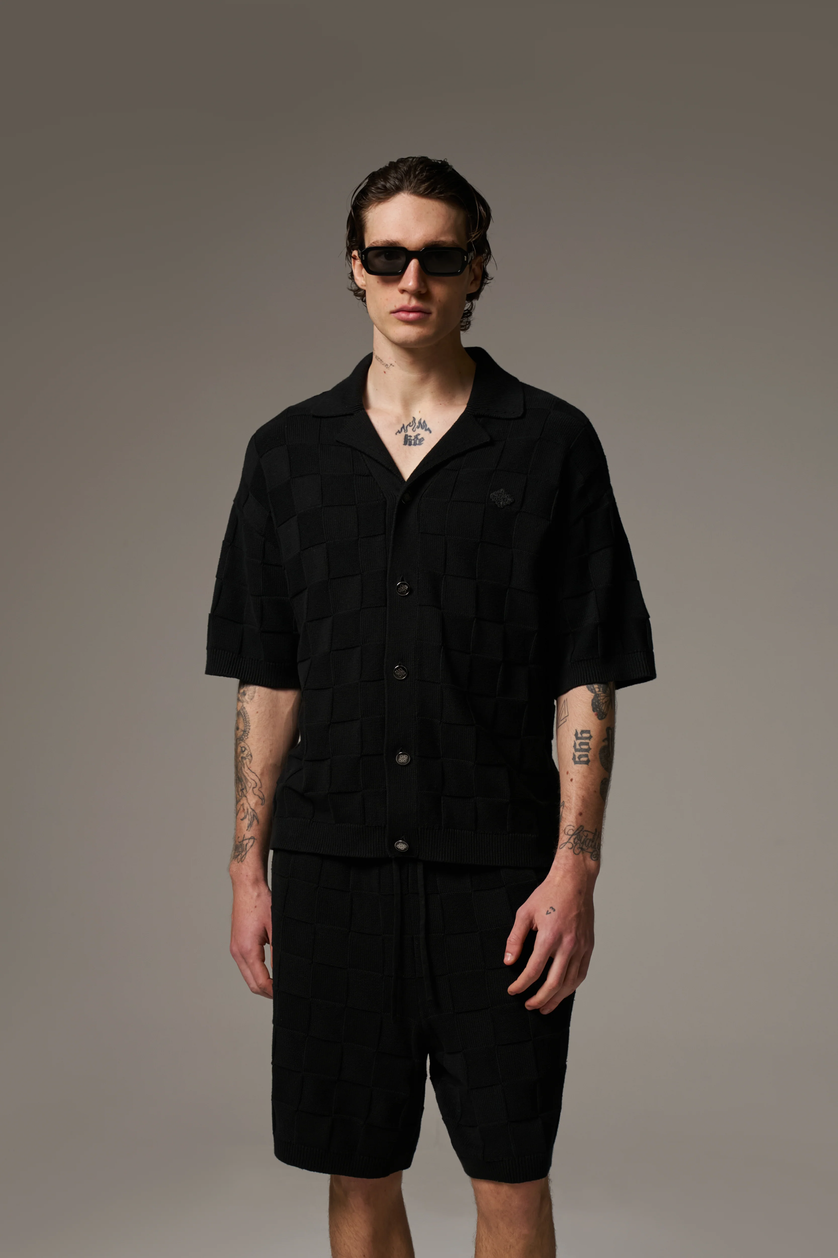 CHECKERBOARD KNITTED SHIRT - BLACK