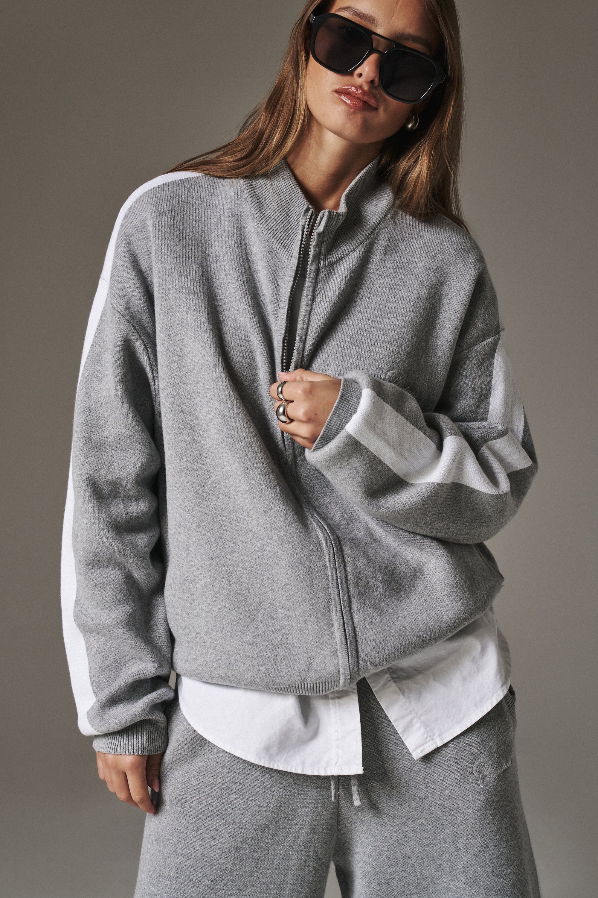 SIDE STRIPE KNITTED TRACK JACKET - GREY MARL