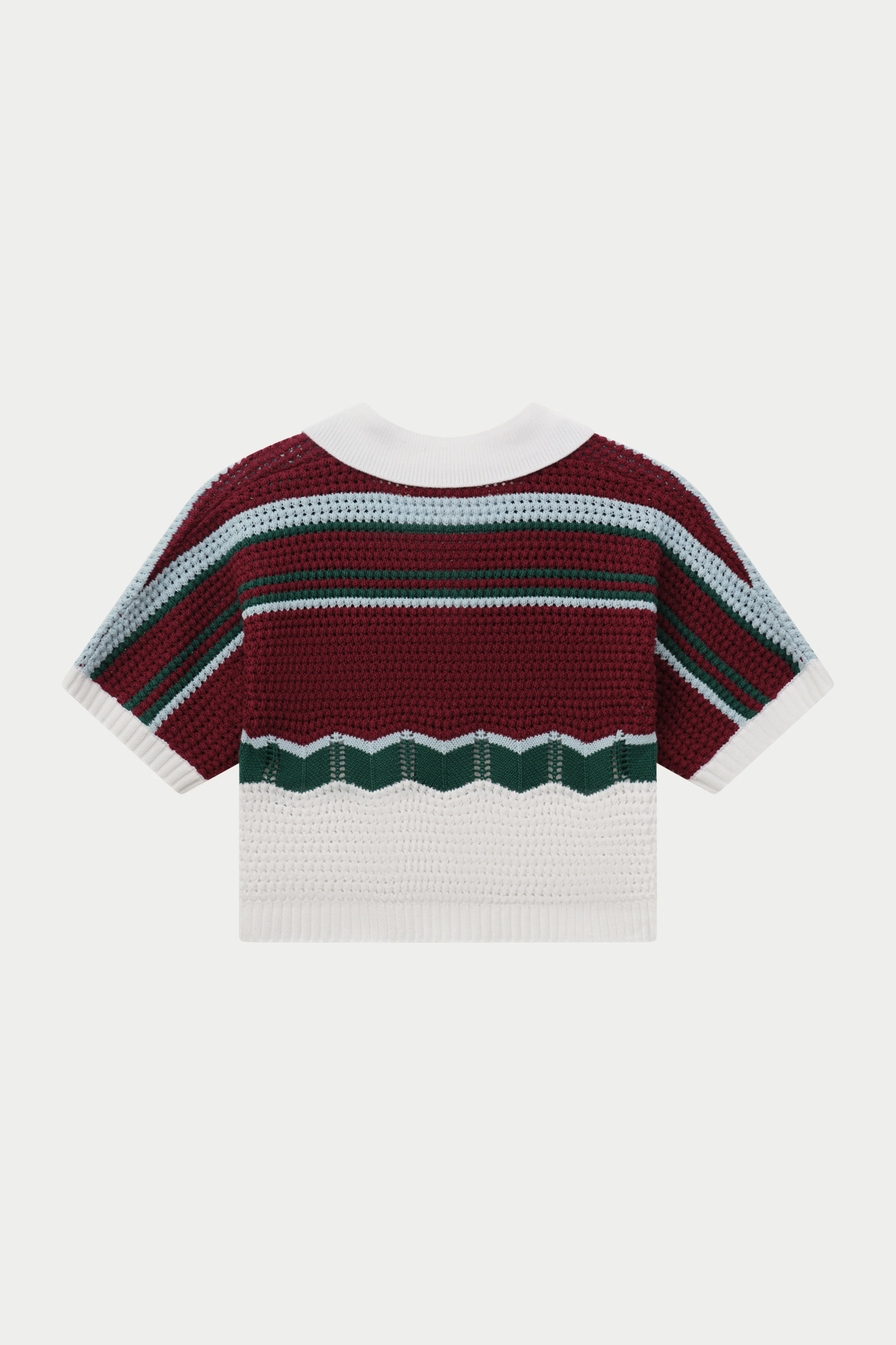 STRIPE CROCHET KNITTED OPEN COLLAR SHIRT - BURGUNDY