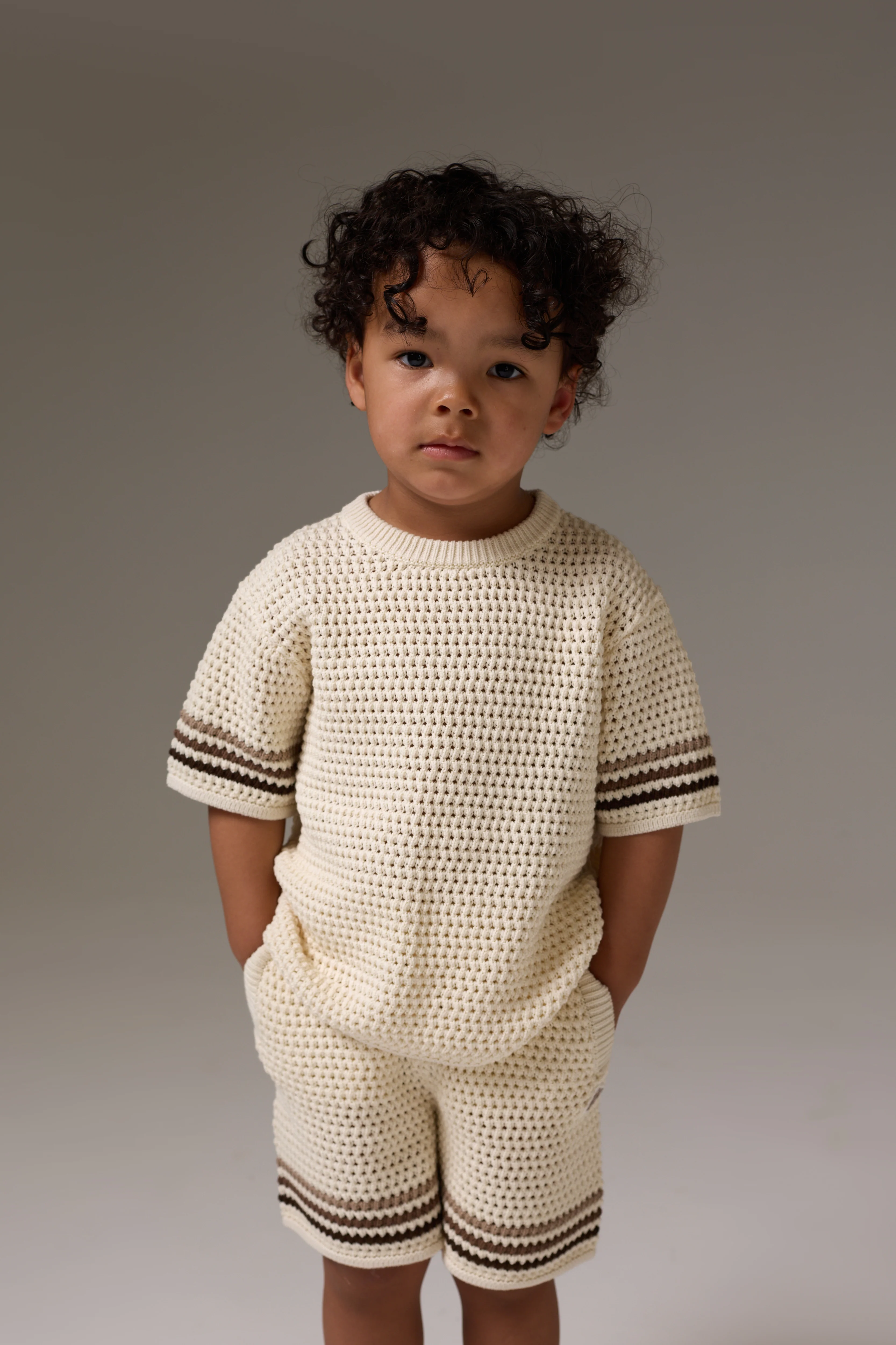 KIDS STRIPE CROCHET KNIT T-SHIRT - OFF WHITE