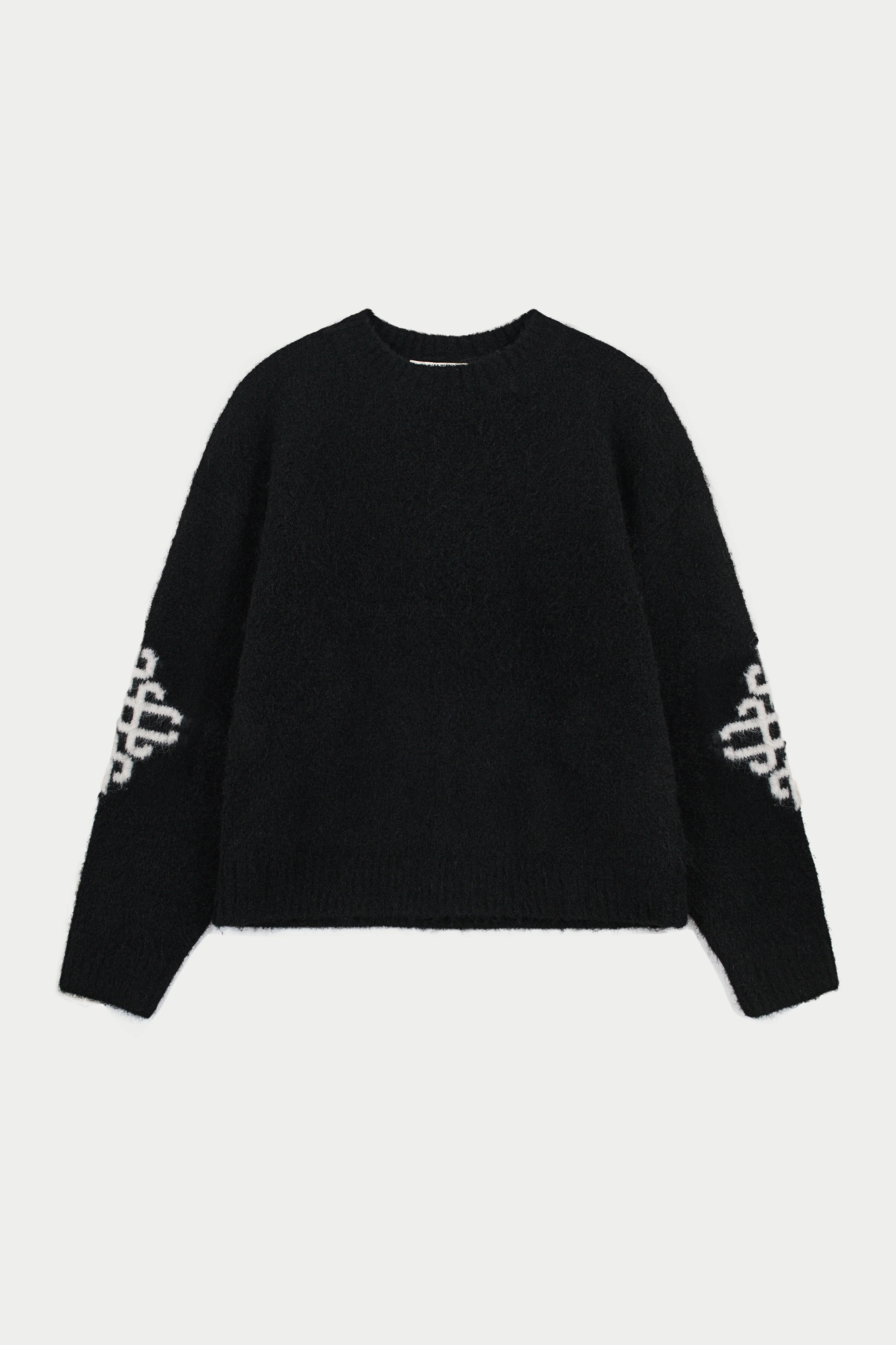 BRUSHED EMBLEM SLEEVE KNITTED CREW - BLACK