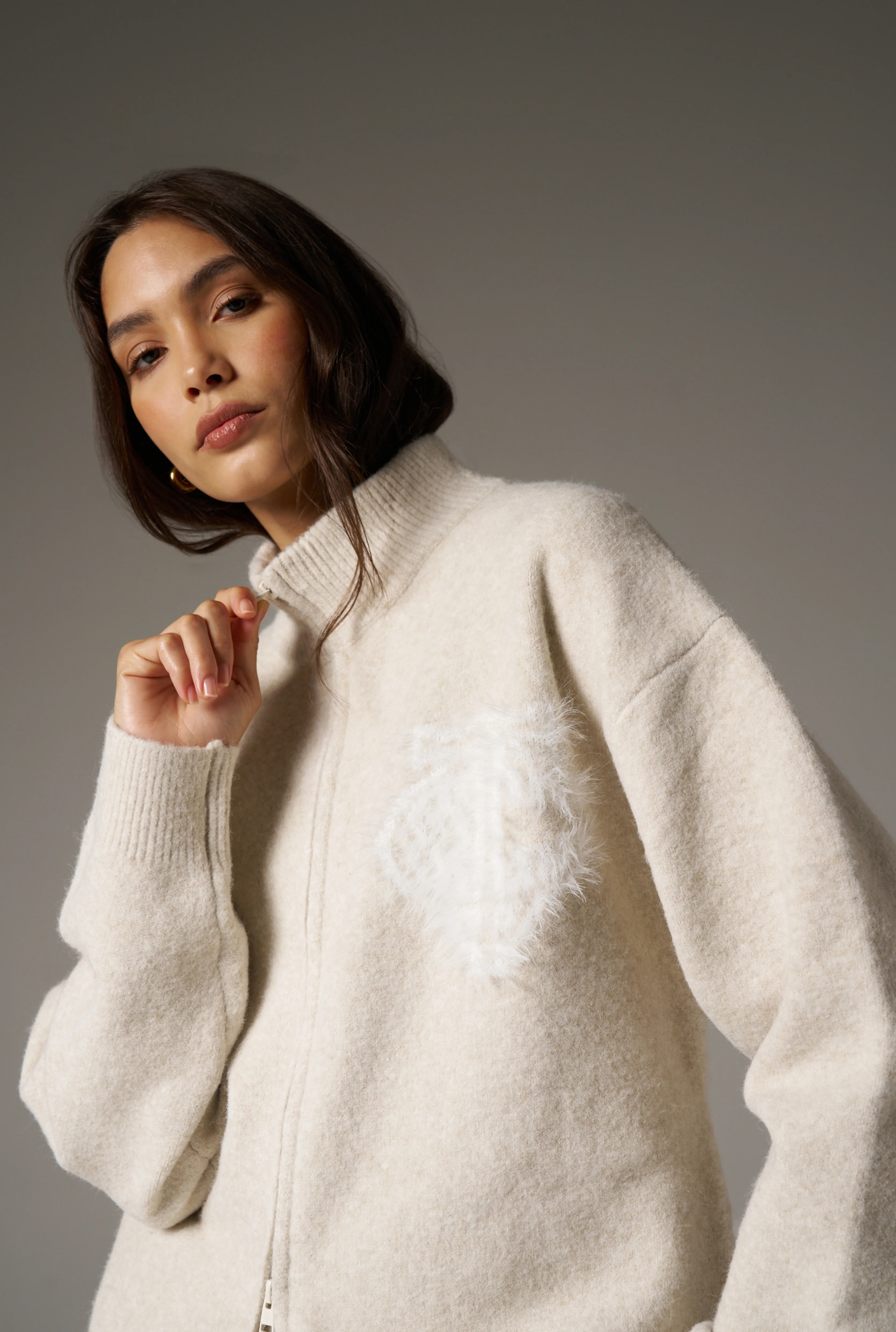 MONOGRAM EMBLEM FLUFFY KNIT ZIP THROUGH - BEIGE