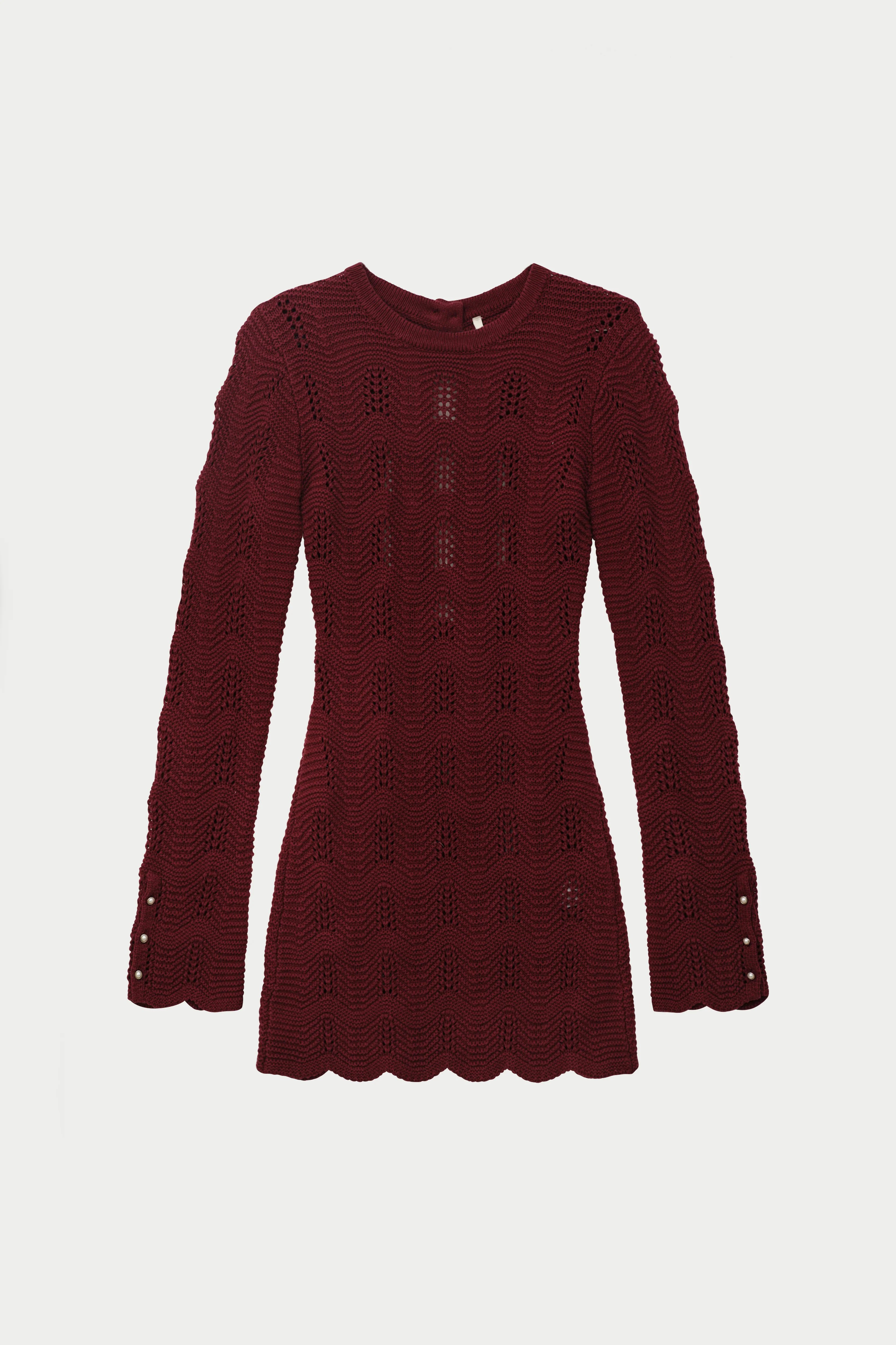 SCALLOP EDGE KNITTED MINI DRESS - BURGUNDY