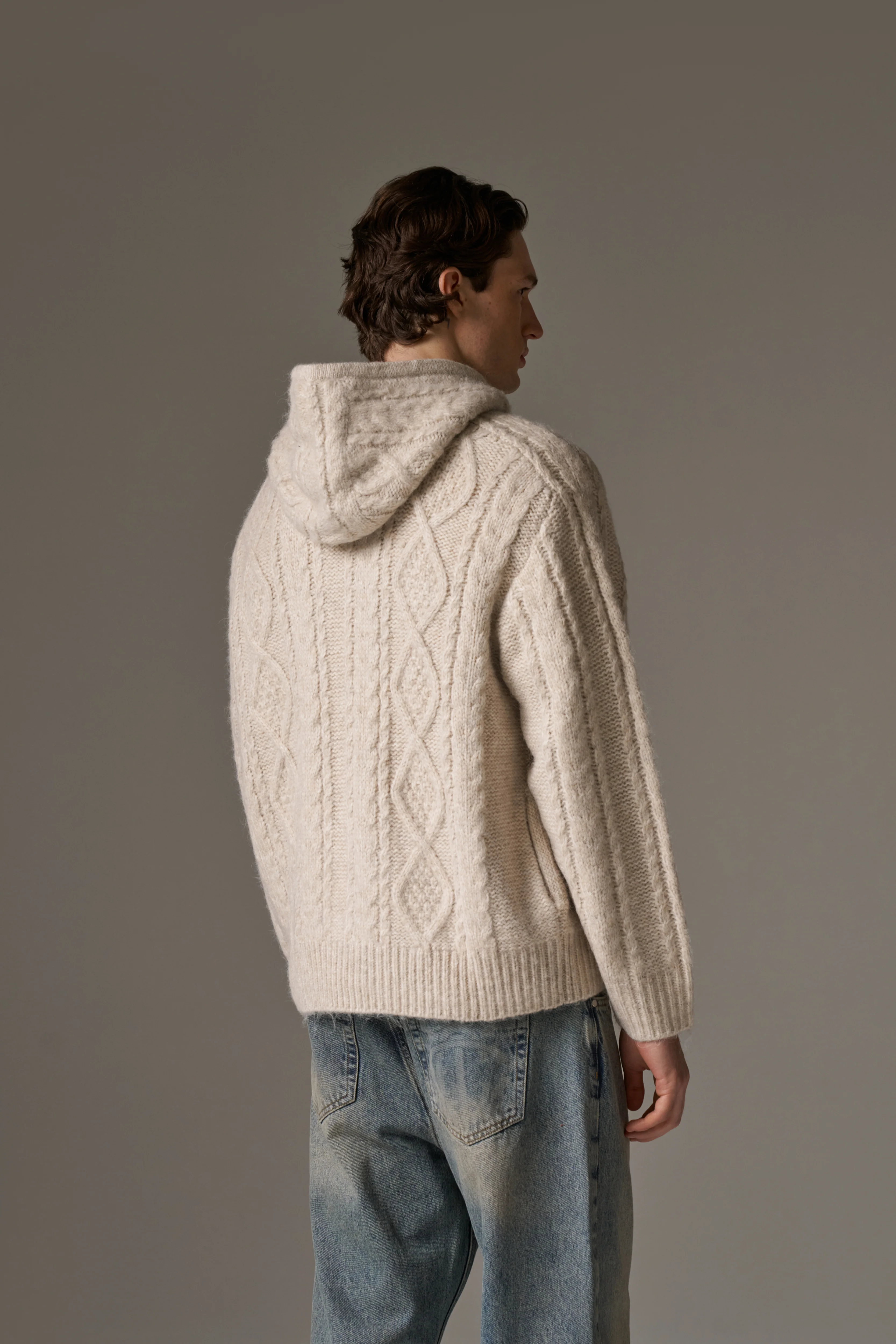 CABLE KNIT ZIP THROUGH HOODIE - STONE