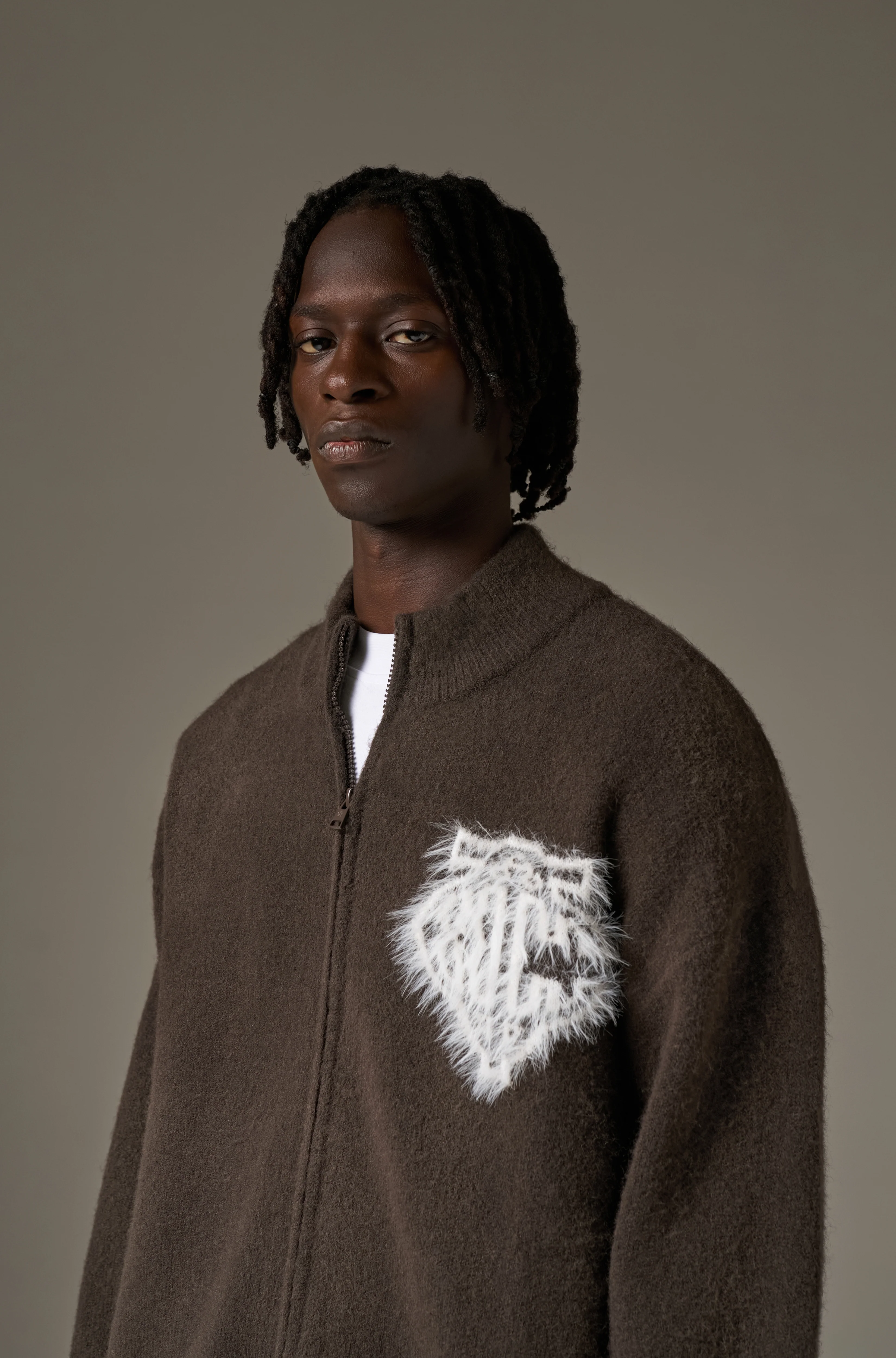 MONOGRAM EMBLEM FLUFFY KNIT ZIP THROUGH - BROWN