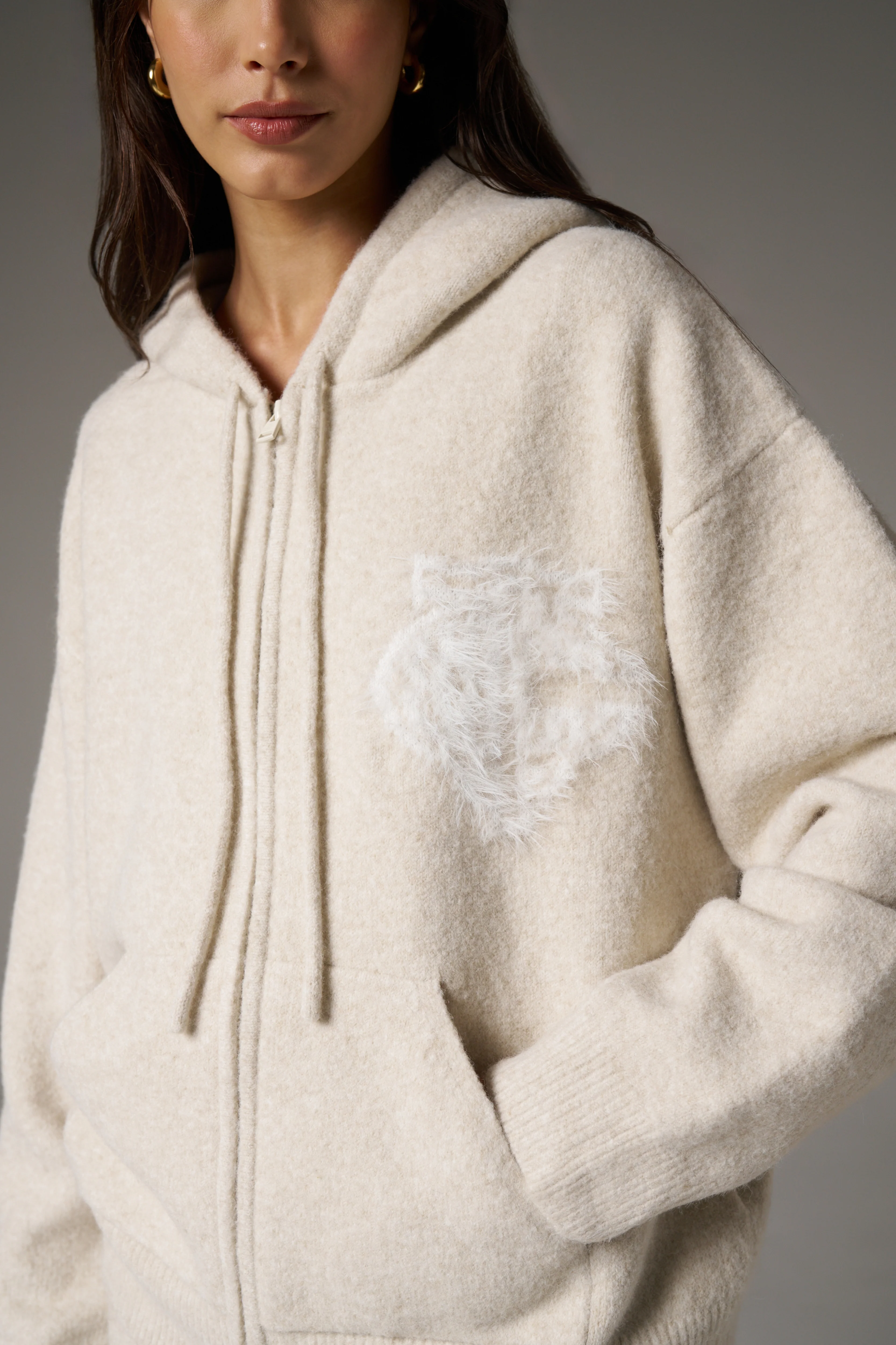 MONOGRAM EMBLEM FLUFFY KNIT ZIP THROUGH HOODIE - BEIGE