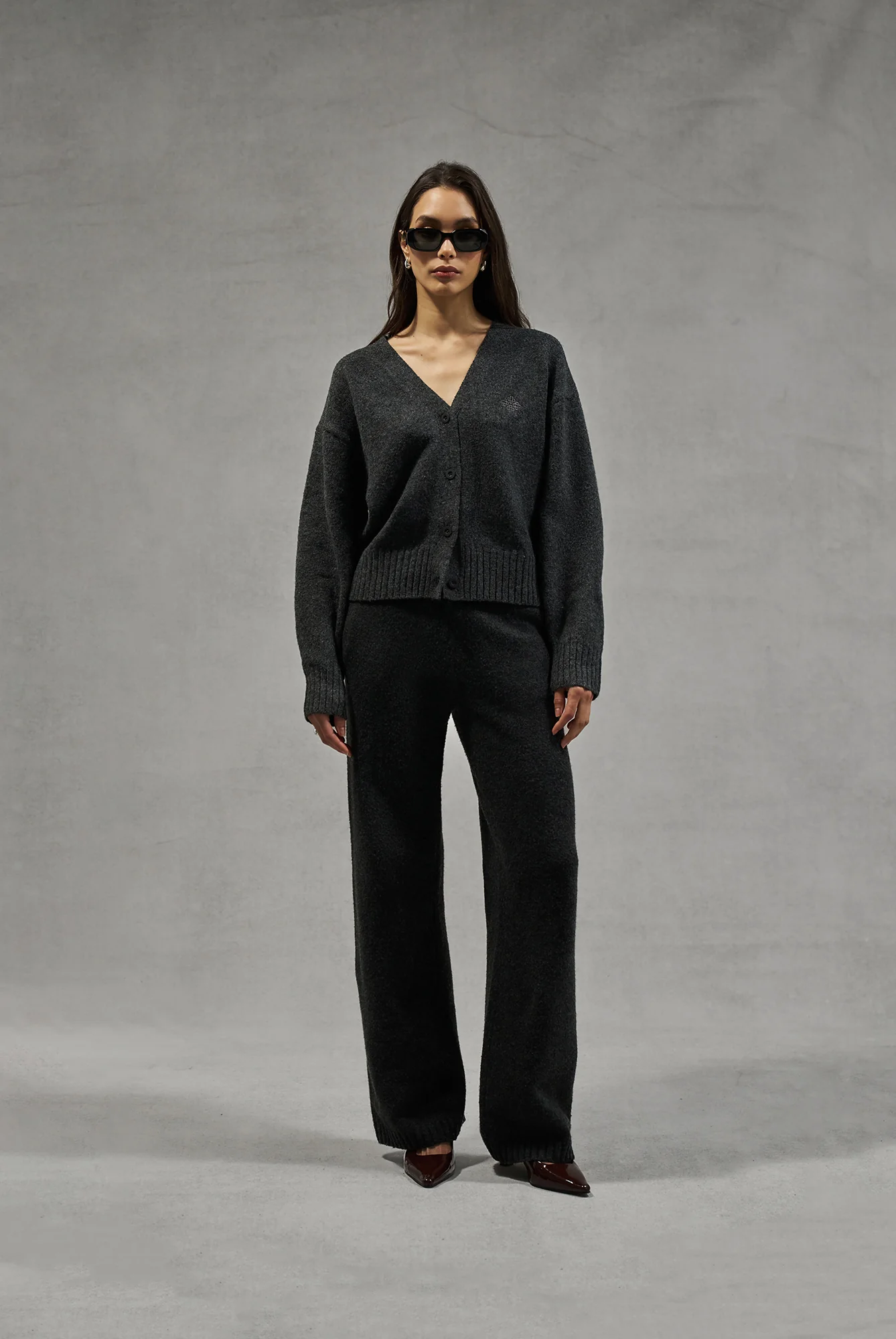 FLUFFY KNIT EMBLEM EMBROIDERED CARDIGAN - CHARCOAL