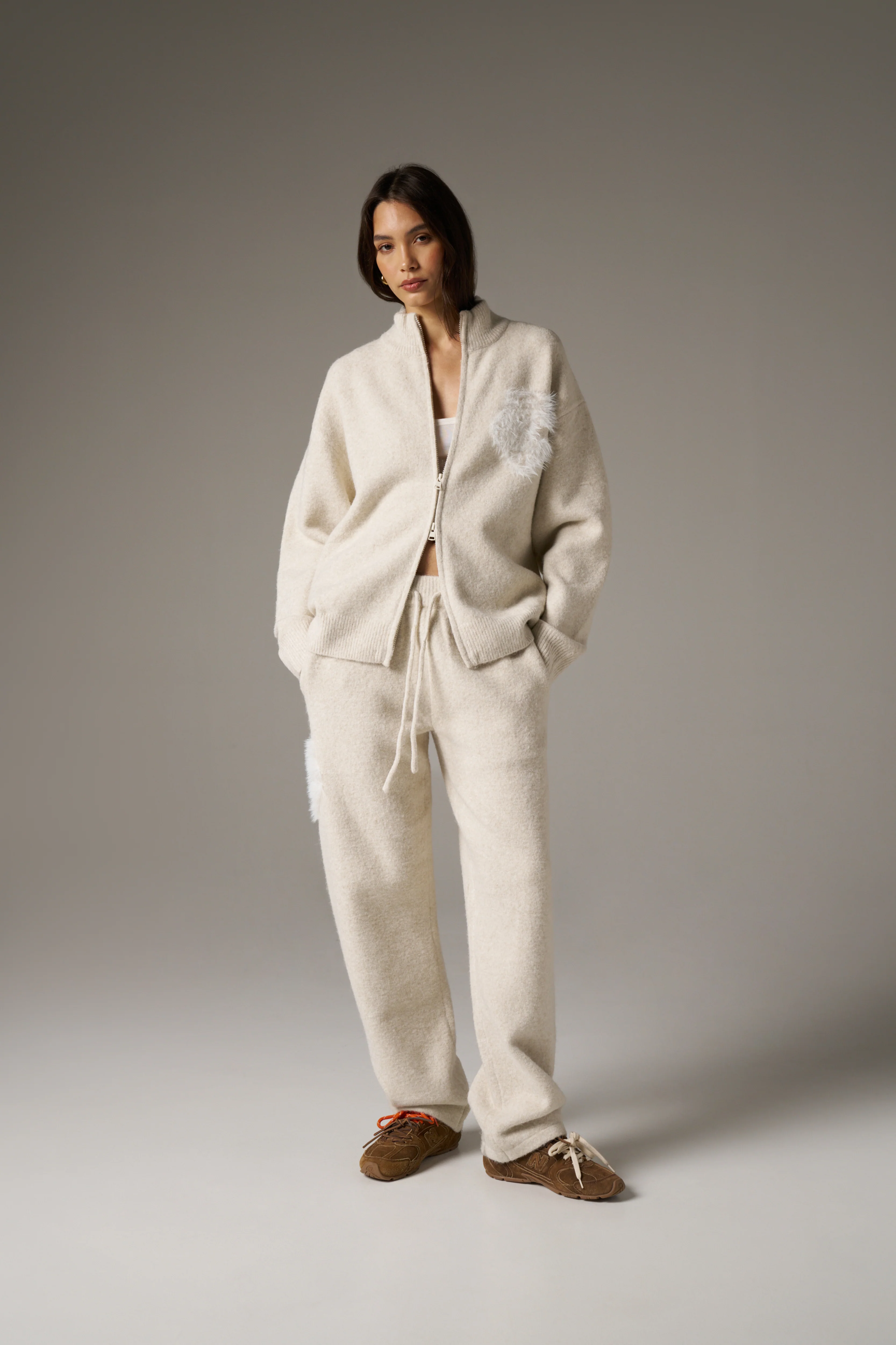 MONOGRAM EMBLEM FLUFFY KNIT ZIP THROUGH - BEIGE