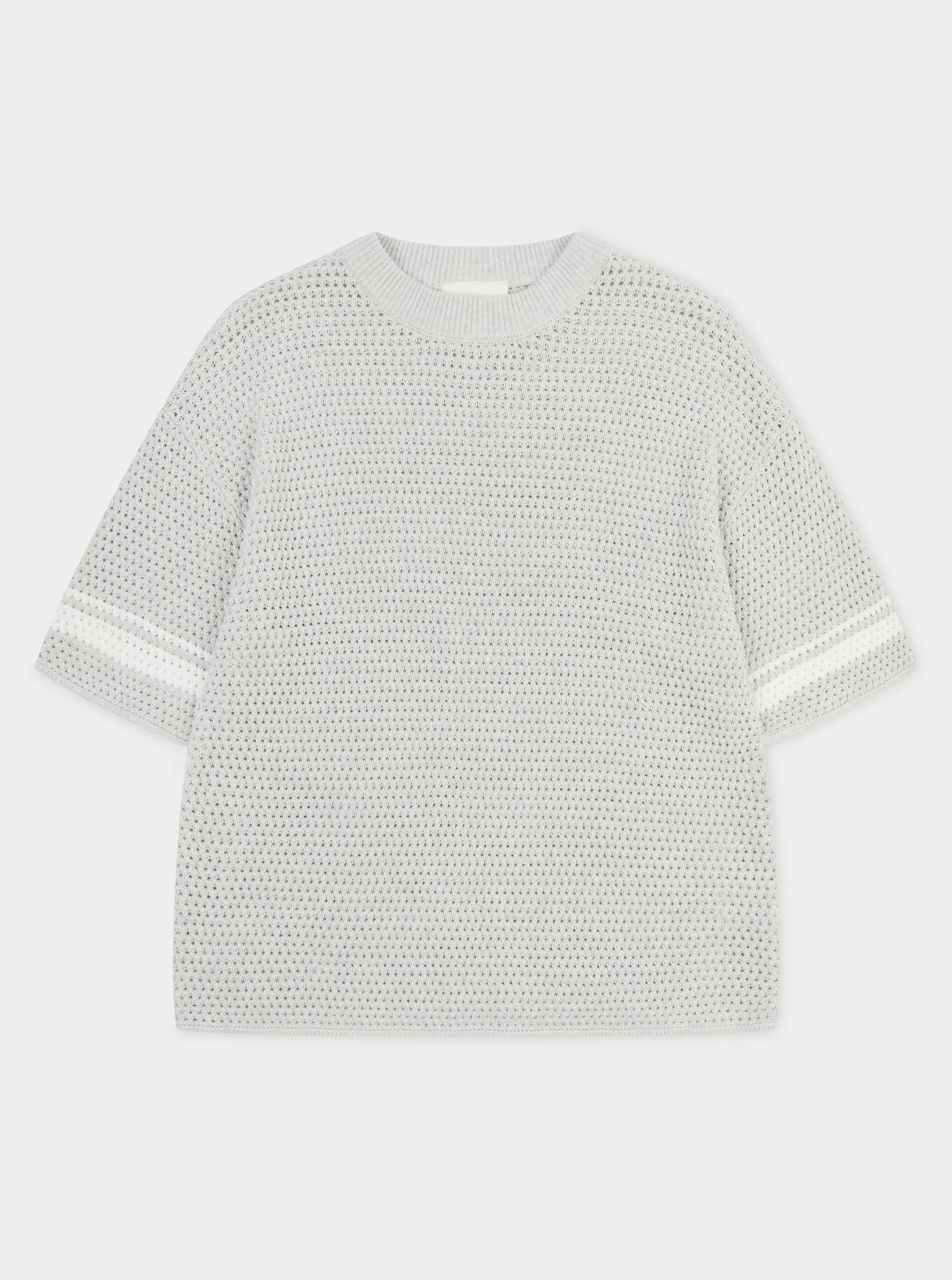 CROCHET KNITTED CONTRAST STRIPE T-SHIRT - GREY