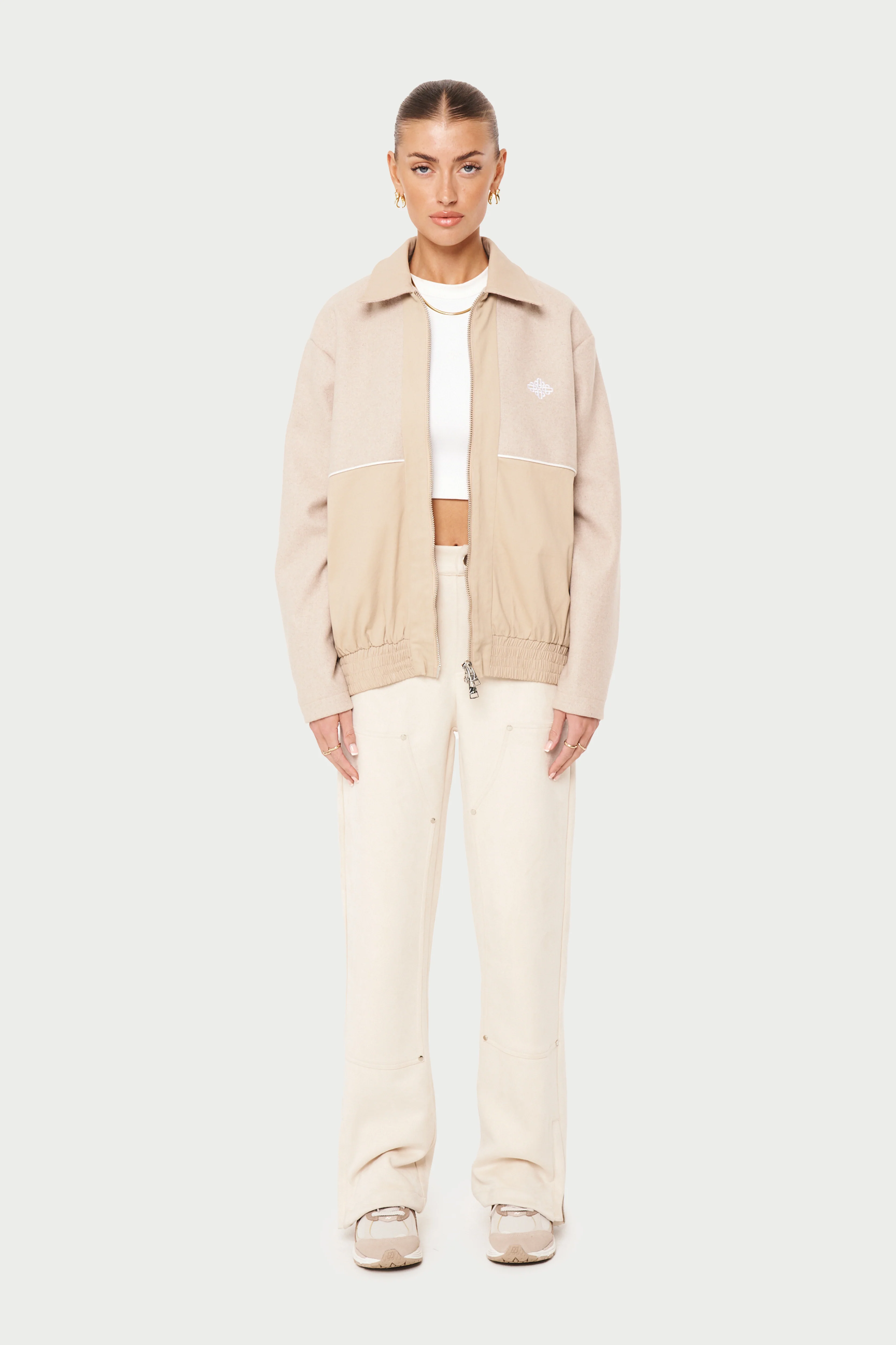 TWEED PANELLED BOMBER JACKET - BEIGE