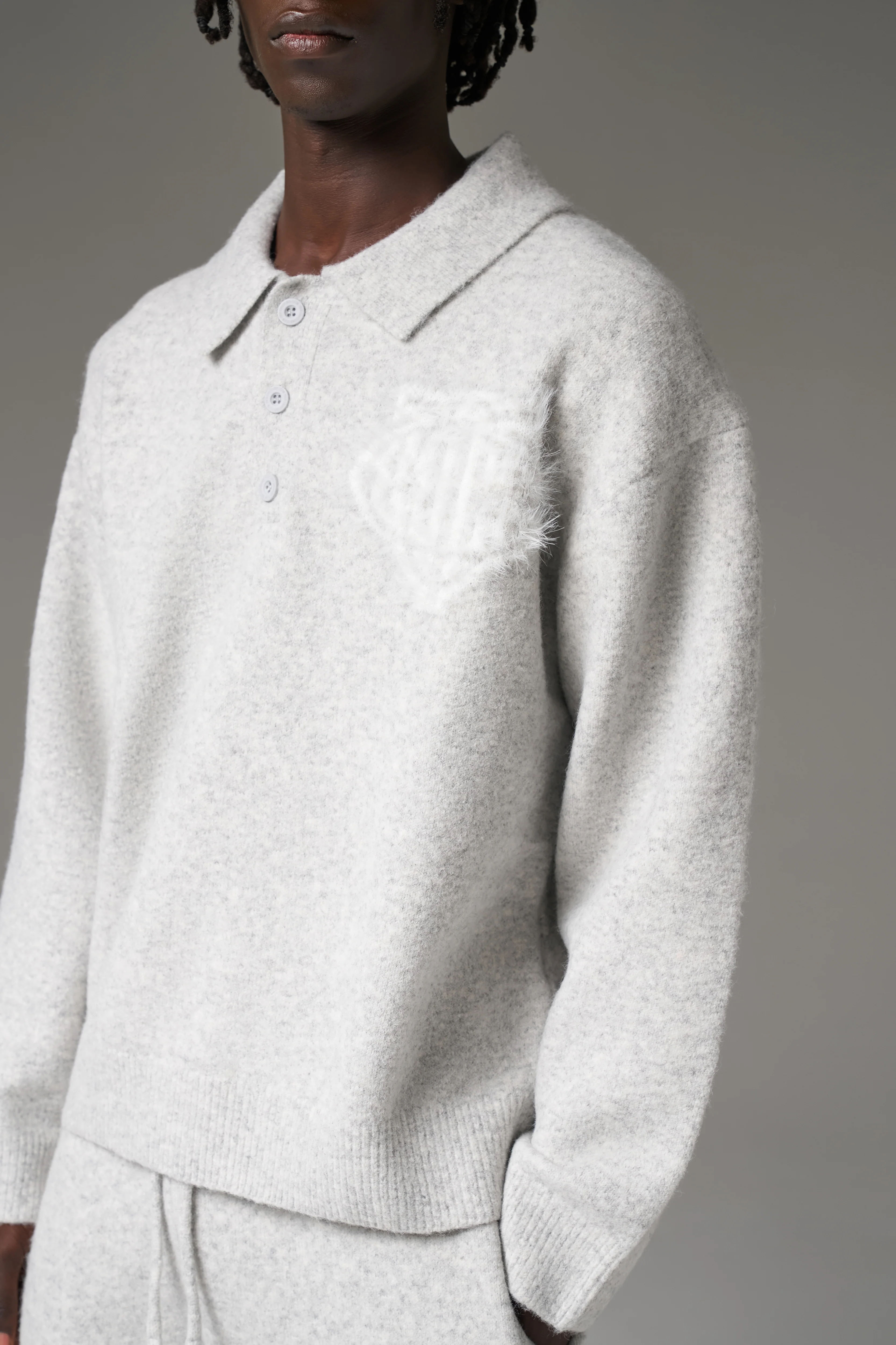 MONOGRAM EMBLEM FLUFFY KNIT POLO - GREY MARL