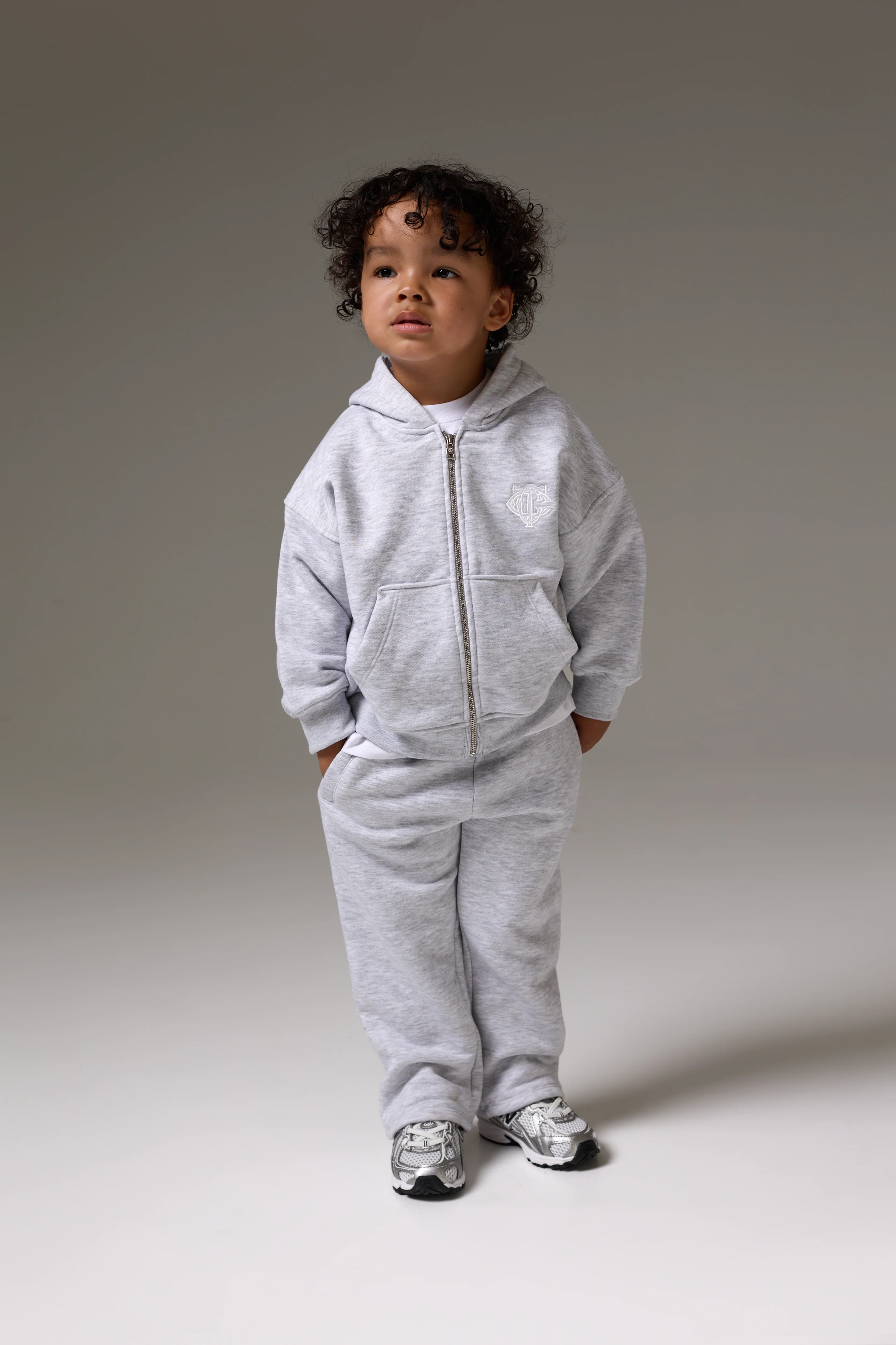 KIDS ZIP THROUGH MONOGRAM EMBLEM APPLIQUE HOODIE - GREY MARL