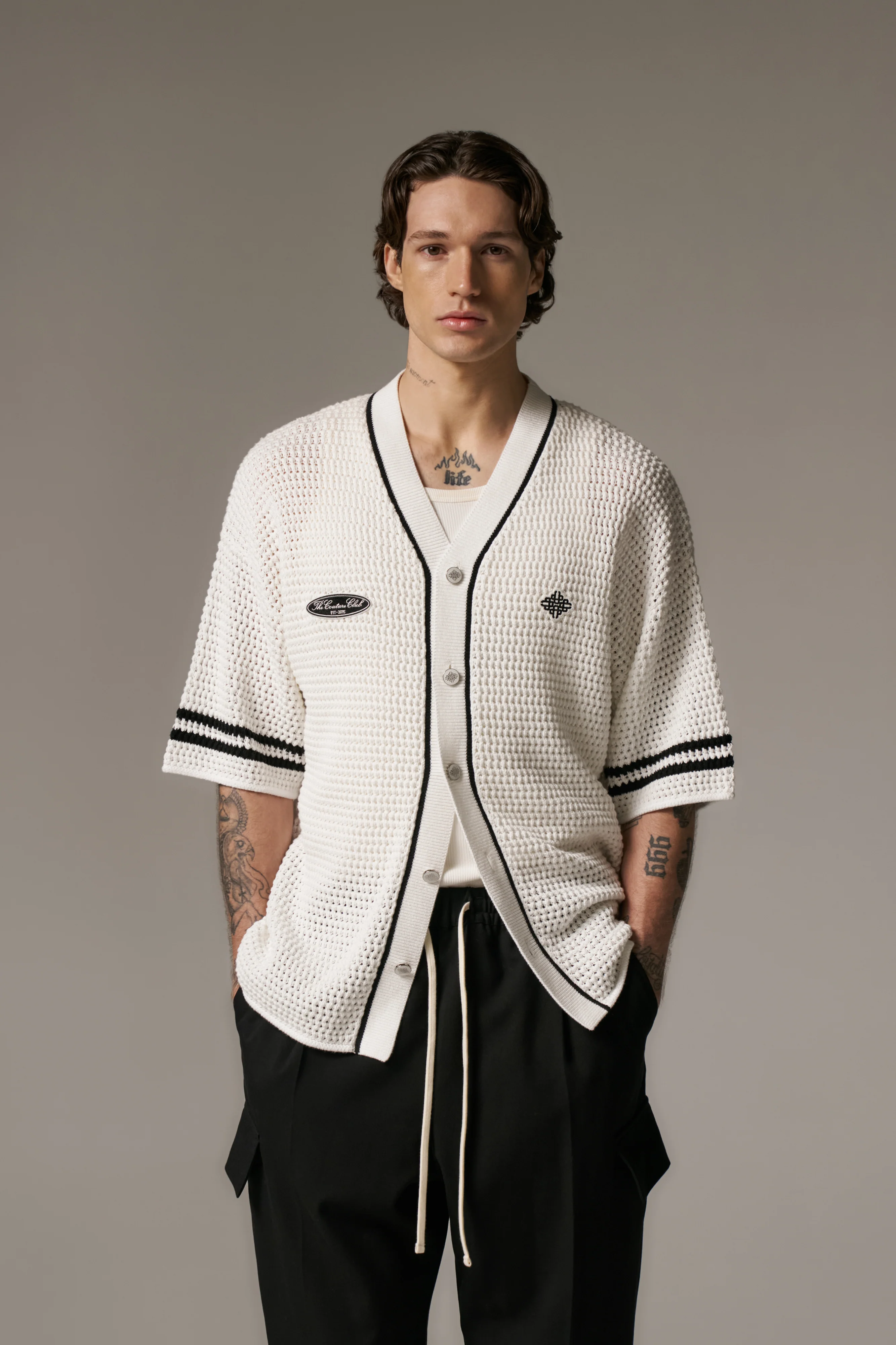 CROCHET KNITTED BASEBALL SHIRT - WHITE
