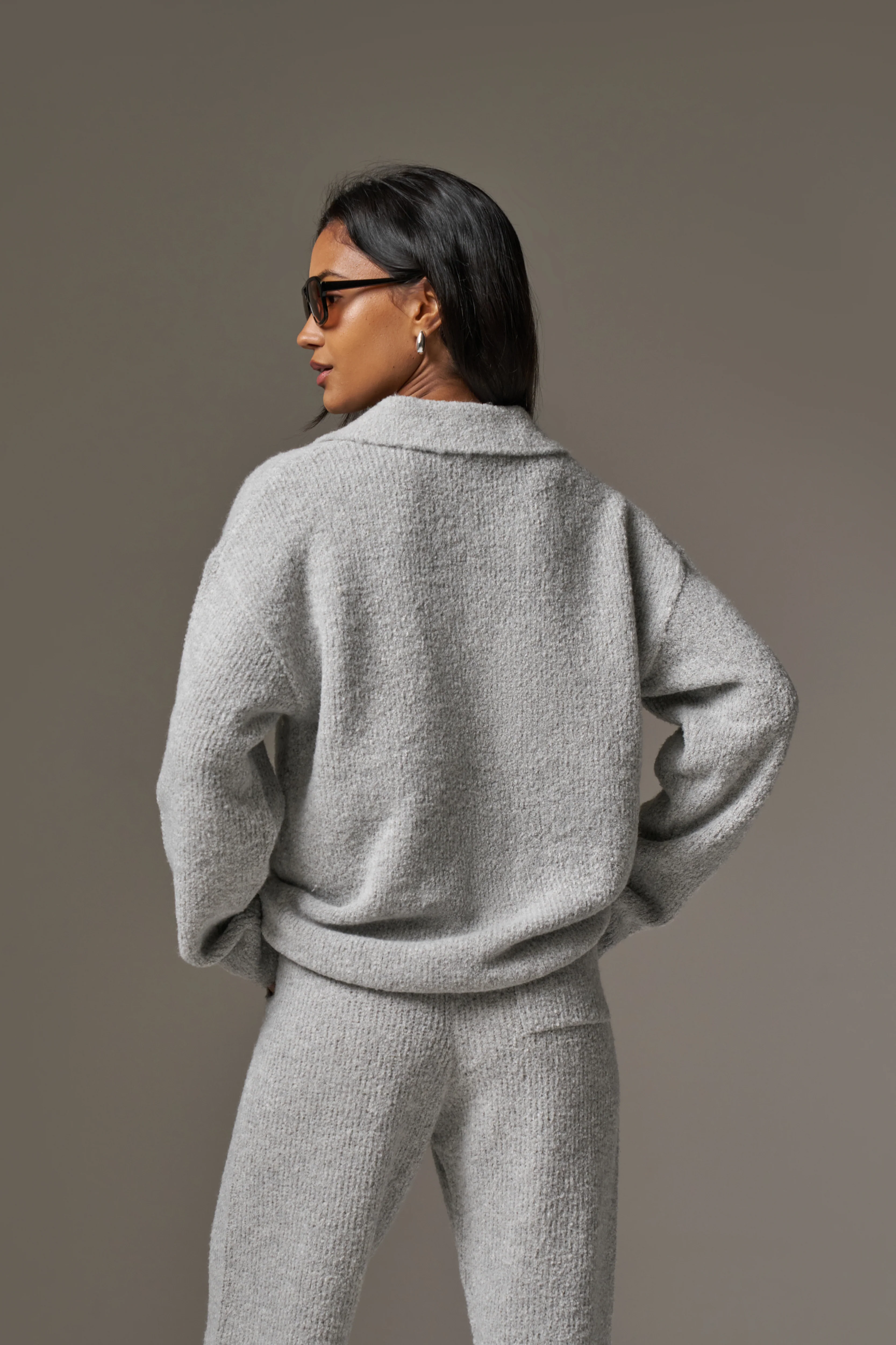 BOUCLE KNIT LONG SLEEVE POLO - GREY MARL