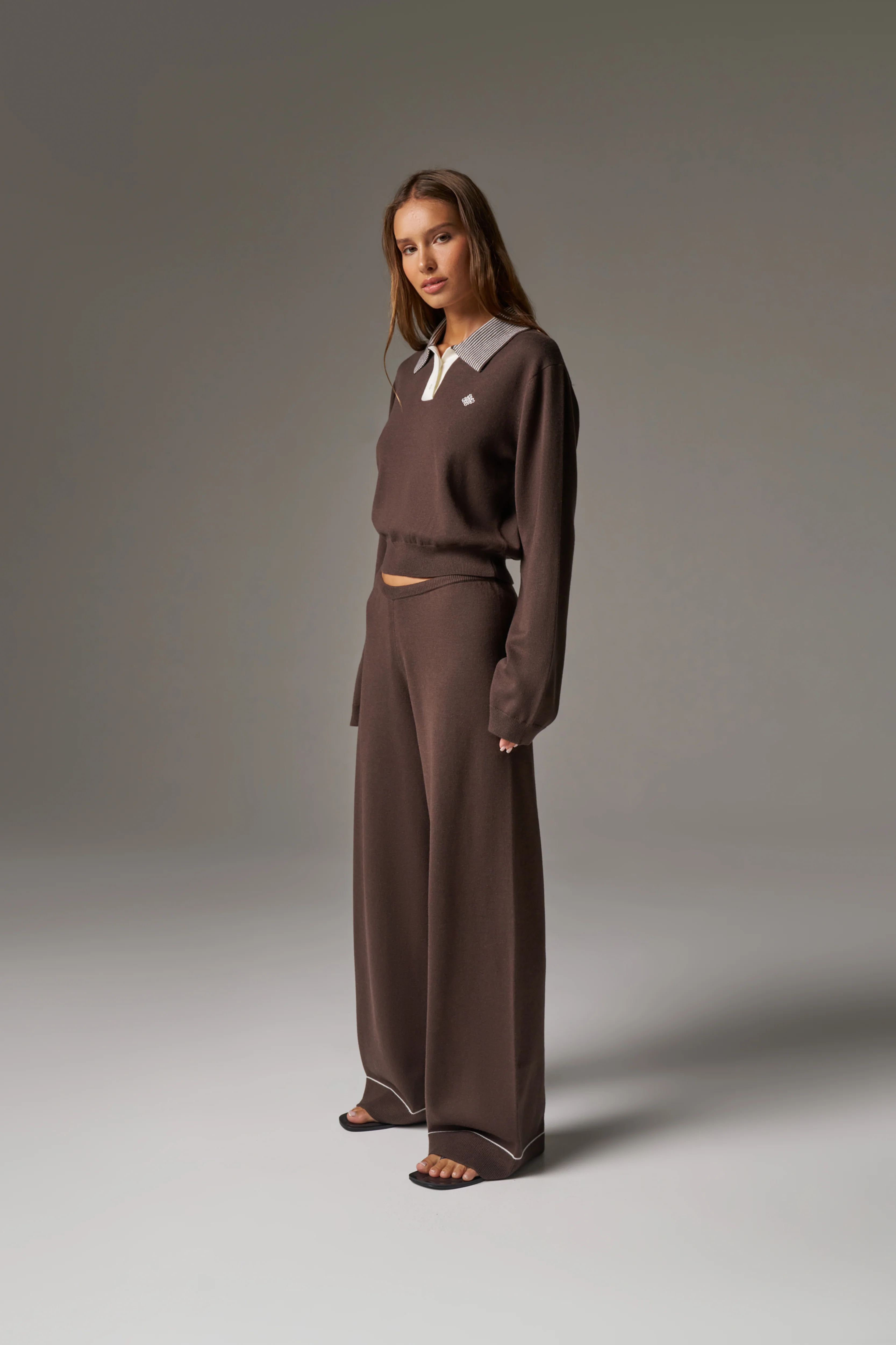 LONG SLEEVE KNITTED COLLAR POLO TOP - BROWN